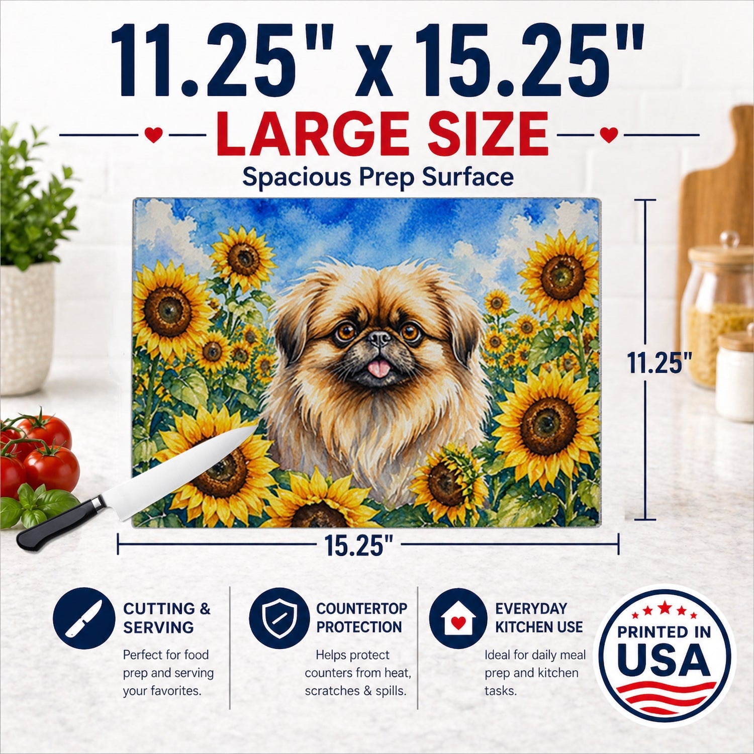 Pekingese in Sunflowers Cutting Board Tempered Glass Kitchen Cutting Surface, Heat Resistant Chopping Board with Non-Slip Feet, Decorative Food Prep & Serving