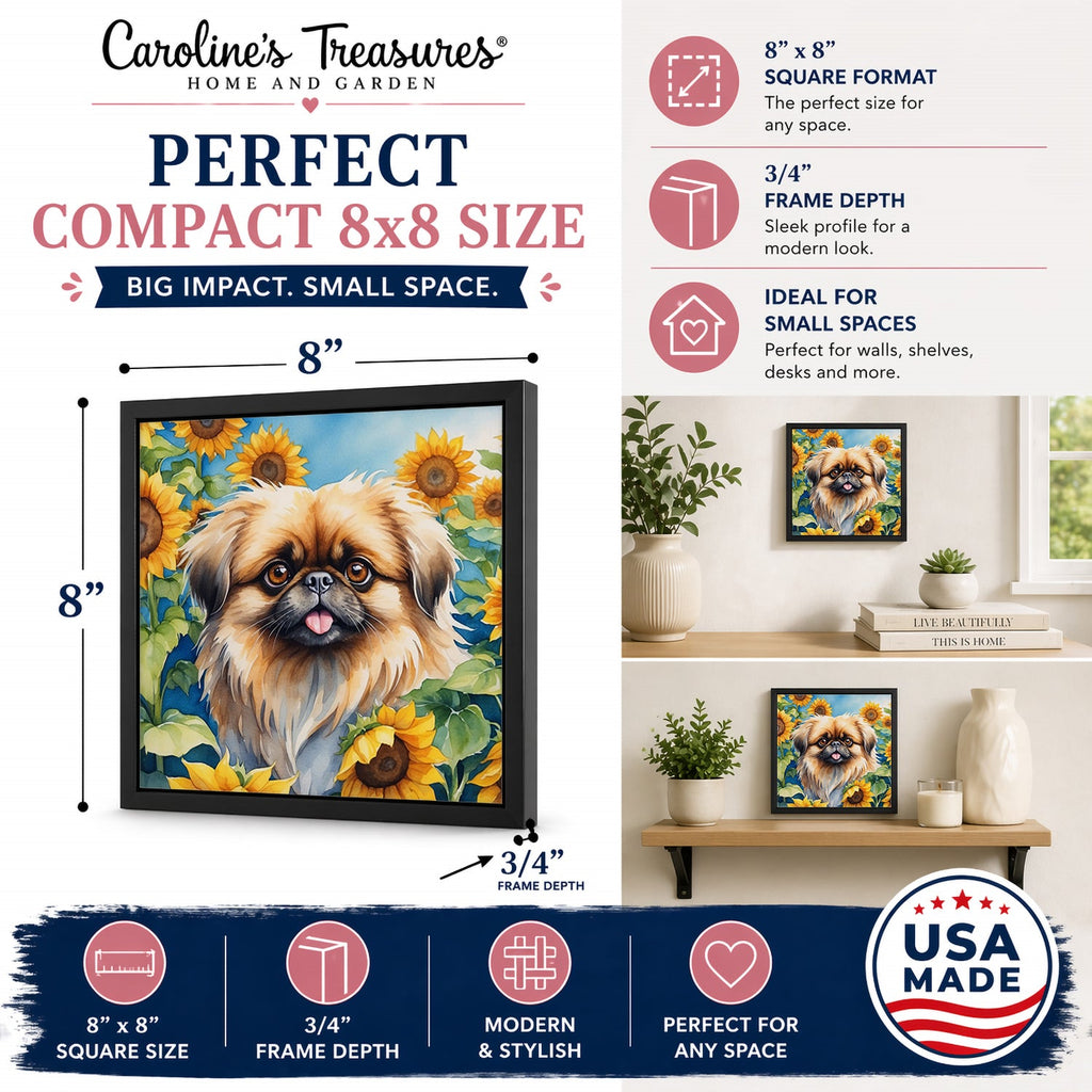 Pekingese in Sunflowers Framed Metal Print Bathroom, Kitchen, Office, Home Decor Wall Art Ready to Hang, Square, 8X8