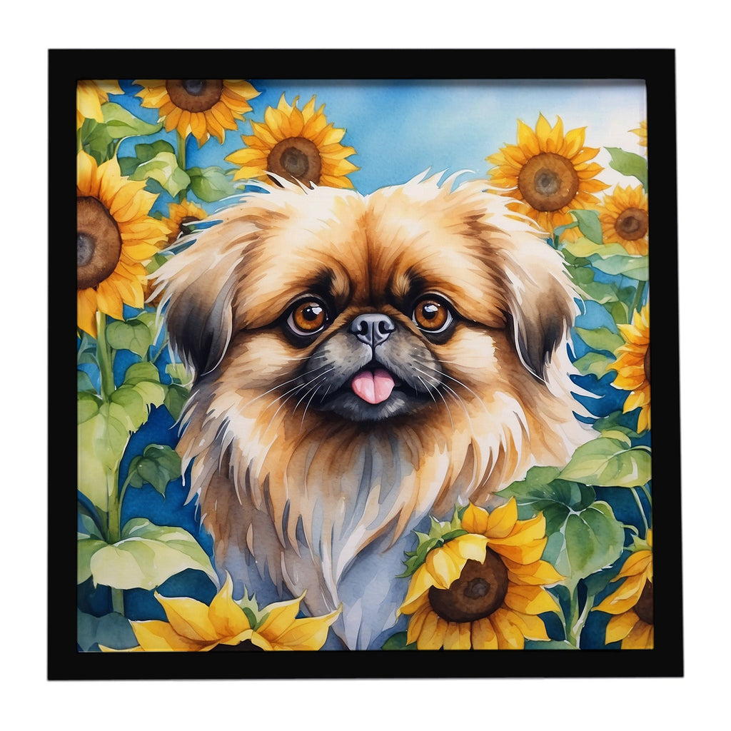 Pekingese in Sunflowers Framed Metal Print Bathroom, Kitchen, Office, Home Decor Wall Art Ready to Hang, Square, 8X8