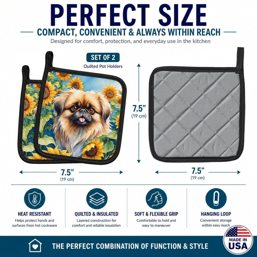Pekingese in Sunflowers Pot Holder Set of 2 Heat Resistant Quilted Hot Pads 7.5 x 7.5 Inch, Insulated Kitchen Trivets for Cooking & Baking