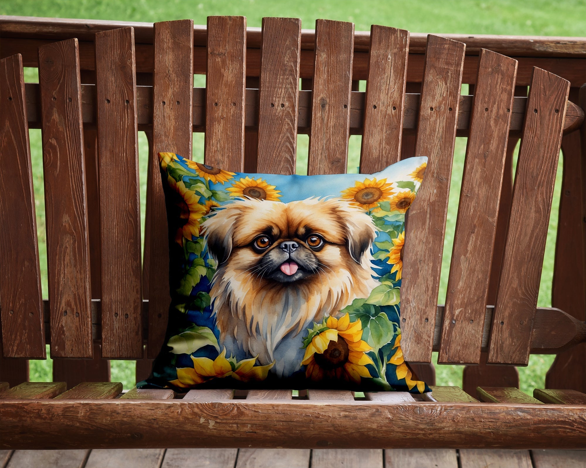 Pekingese in Sunflowers Decorative Throw Pillow 14x14 Indoor Outdoor Accent Cushion, Fabric Cover with Insert for Sofa, Bed, Porch & Living Room