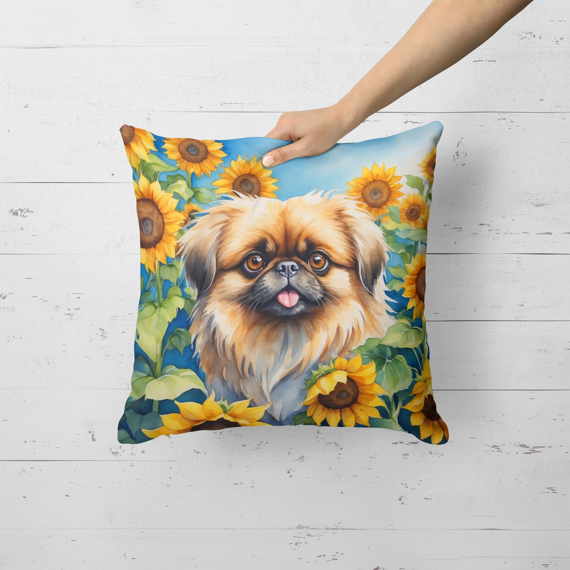 Pekingese in Sunflowers Decorative Throw Pillow 18x18 Indoor Outdoor Accent Cushion, Fabric Cover with Insert for Sofa, Bed, Porch & Living Room