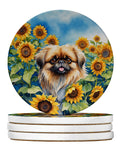 Pekingese in Sunflowers Large Sandstone Coasters Pack of 4 Absorbent Round Coasters Decor Gifts for Men or Women, 4 in, Multicolor