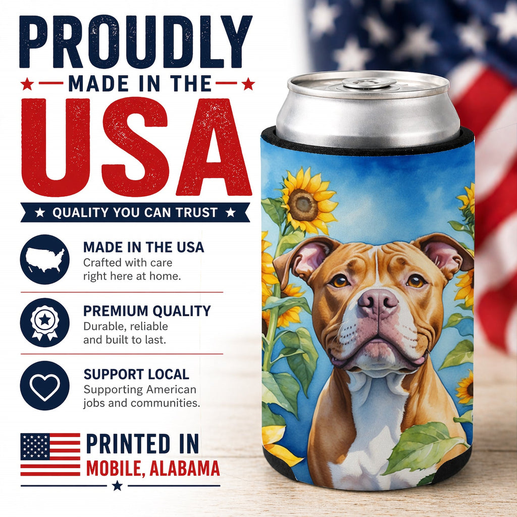 Pit Bull Terrier in Sunflowers Can or Bottle Hugger Cooler Sleeve for Standard 12 oz Cans, Insulated Foam Beer & Soda Can Hugger Reusable