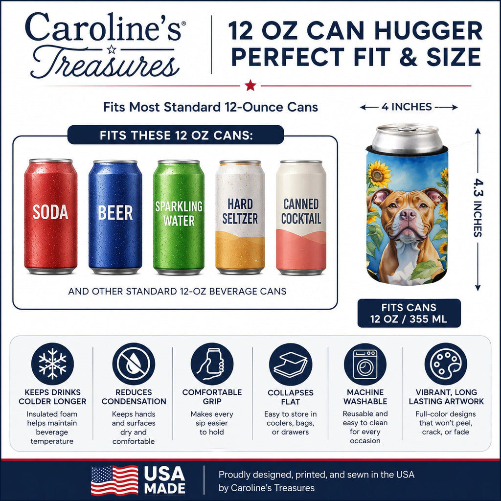 Pit Bull Terrier in Sunflowers Can or Bottle Hugger Cooler Sleeve for Standard 12 oz Cans, Insulated Foam Beer & Soda Can Hugger Reusable