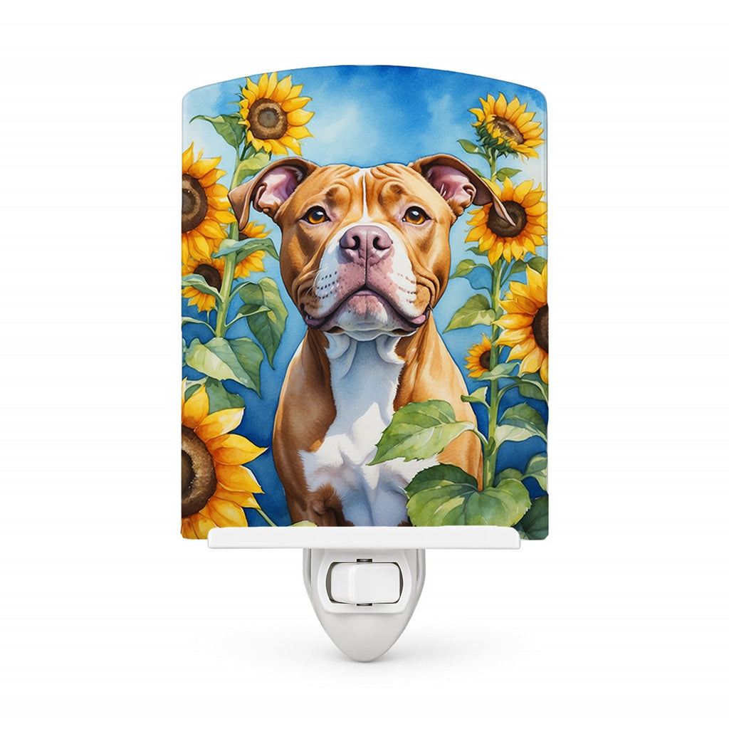 Pit Bull Terrier in Sunflowers Ceramic Night Light Compact, UL-Certified, Ideal for Bedroom, Bathroom, Nursery, Hallway, Kitchen, 6x4x3, Multicolor
