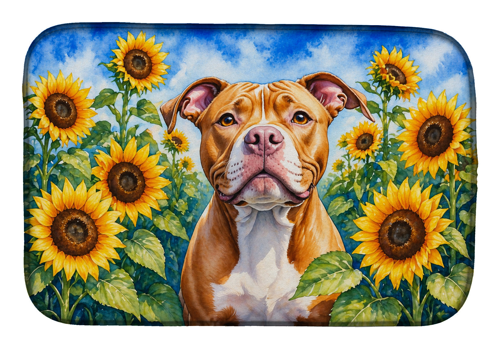 Pit Bull Terrier in Sunflowers Dish Drying Mat Absorbent Dish Drying Mat Pad for Kitchen Counter Dish Drainer Mat for Countertop, 14 x 21", Multicolor