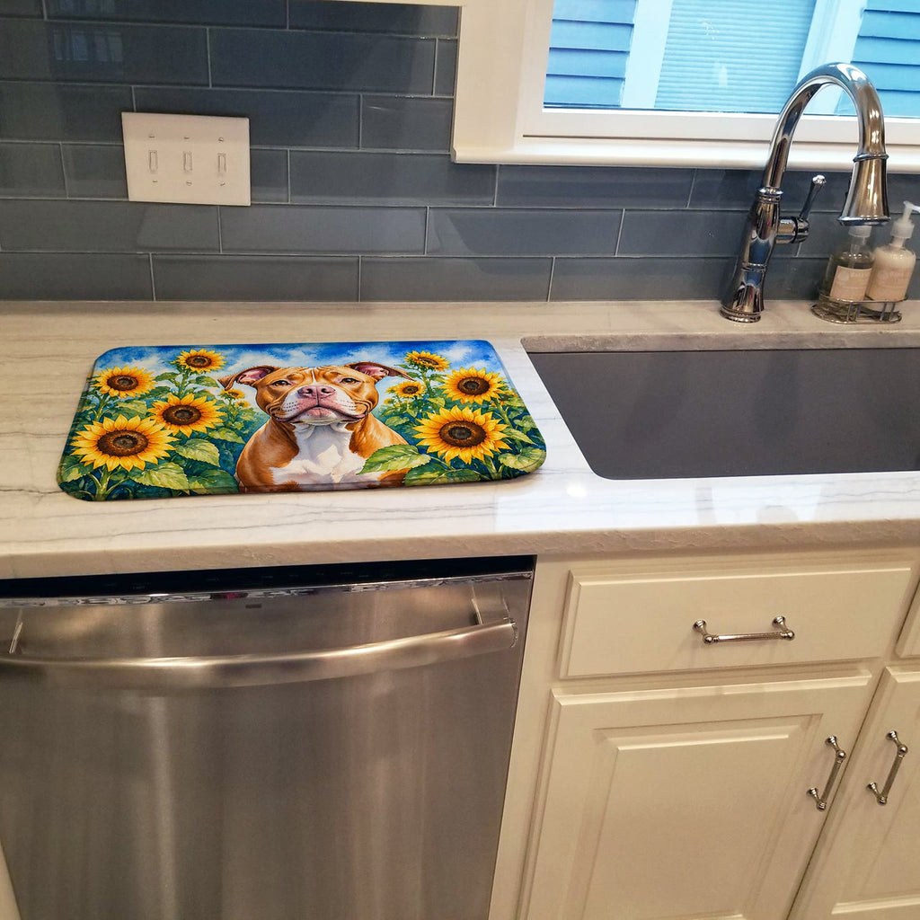 Pit Bull Terrier in Sunflowers Dish Drying Mat Absorbent Dish Drying Mat Pad for Kitchen Counter Dish Drainer Mat for Countertop, 14 x 21", Multicolor