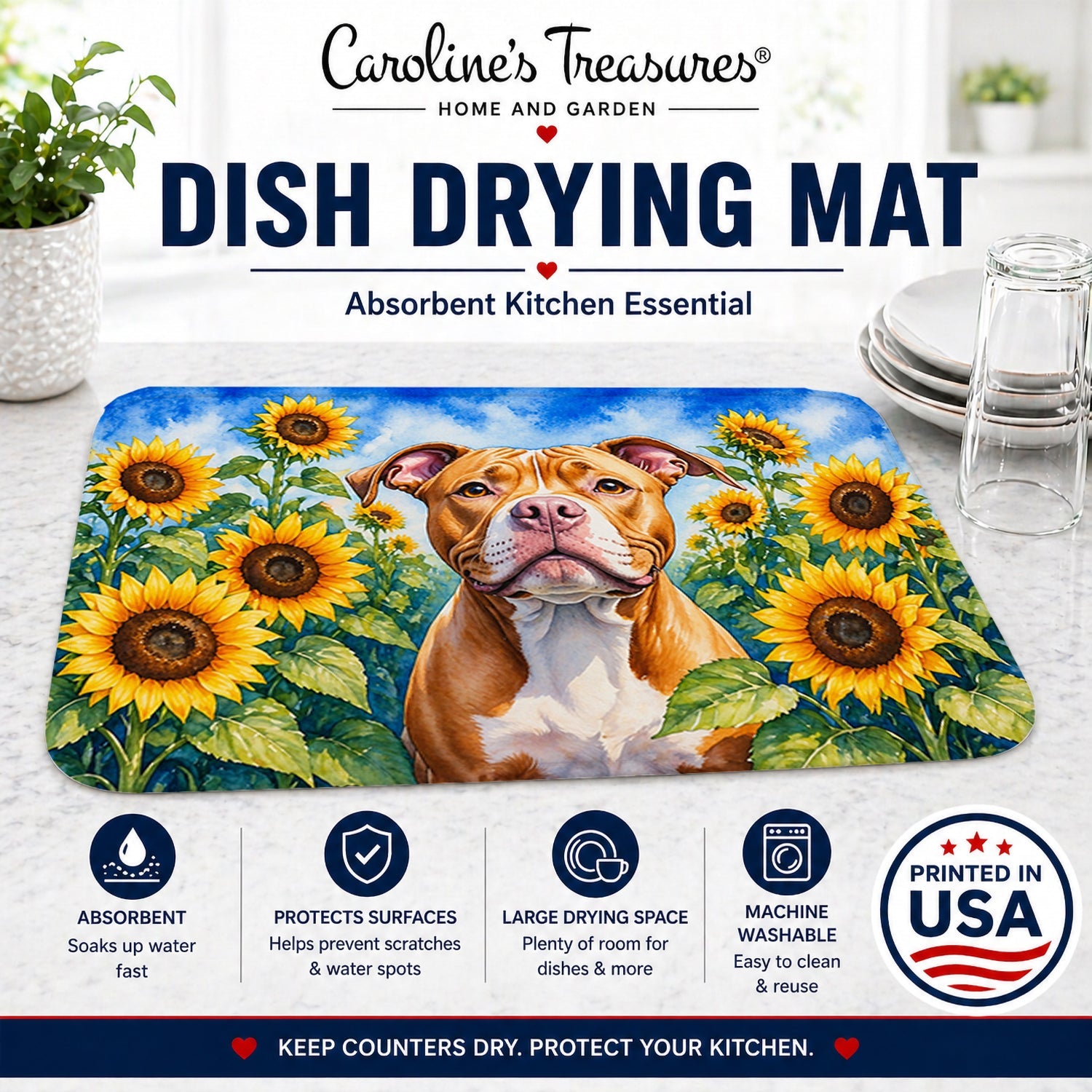 Pit Bull Terrier in Sunflowers Dish Drying Mat Absorbent Dish Drying Mat Pad for Kitchen Counter Dish Drainer Mat for Countertop, 14 x 21", Multicolor