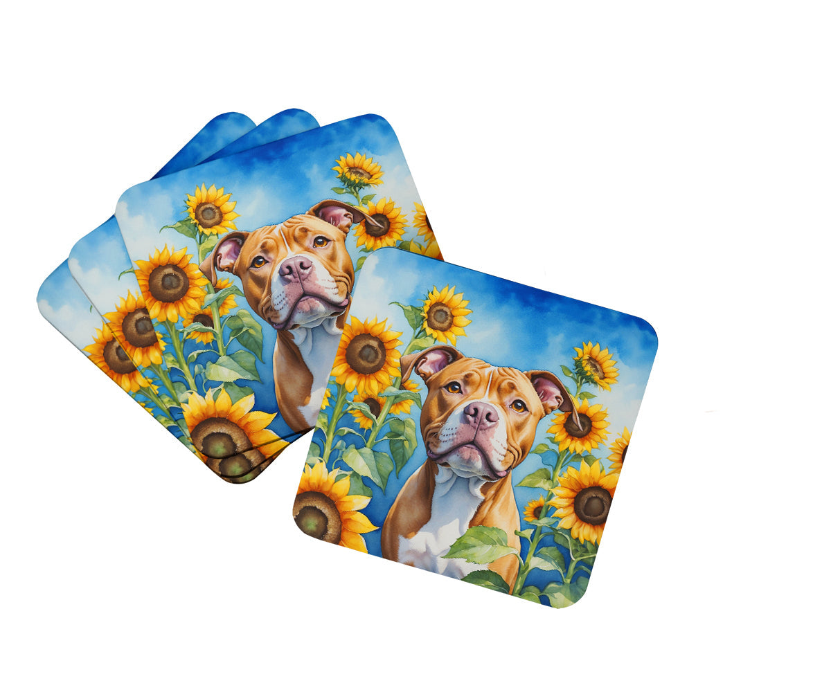 Pit Bull Terrier in Sunflowers Foam Coasters Set of 4 Cup Coasters for Indoor Outdoor, Tabletop Protection, Anti Slip, Mouse pad Material