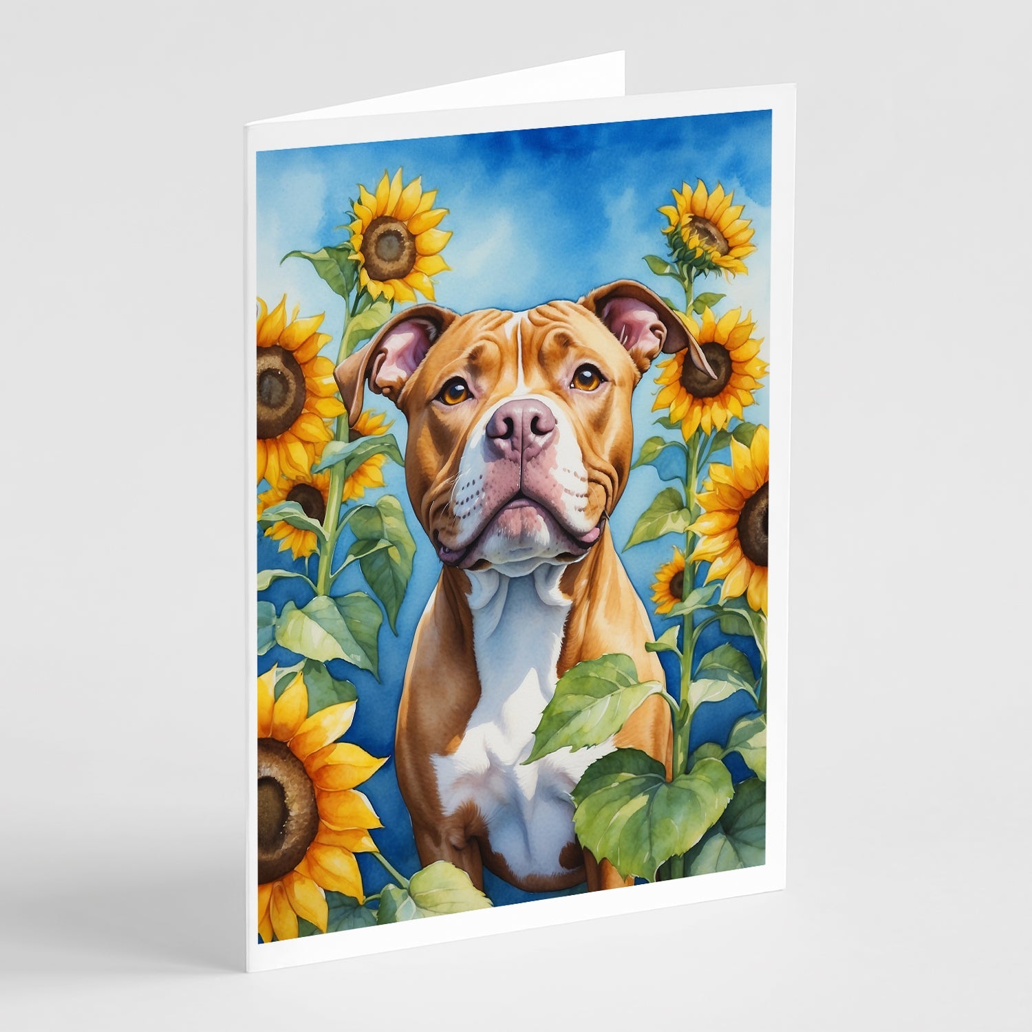 Pit Bull Terrier in Sunflowers Greeting Cards Pack of 8 Blank Cards with Envelopes Whimsical A7 Size 5x7