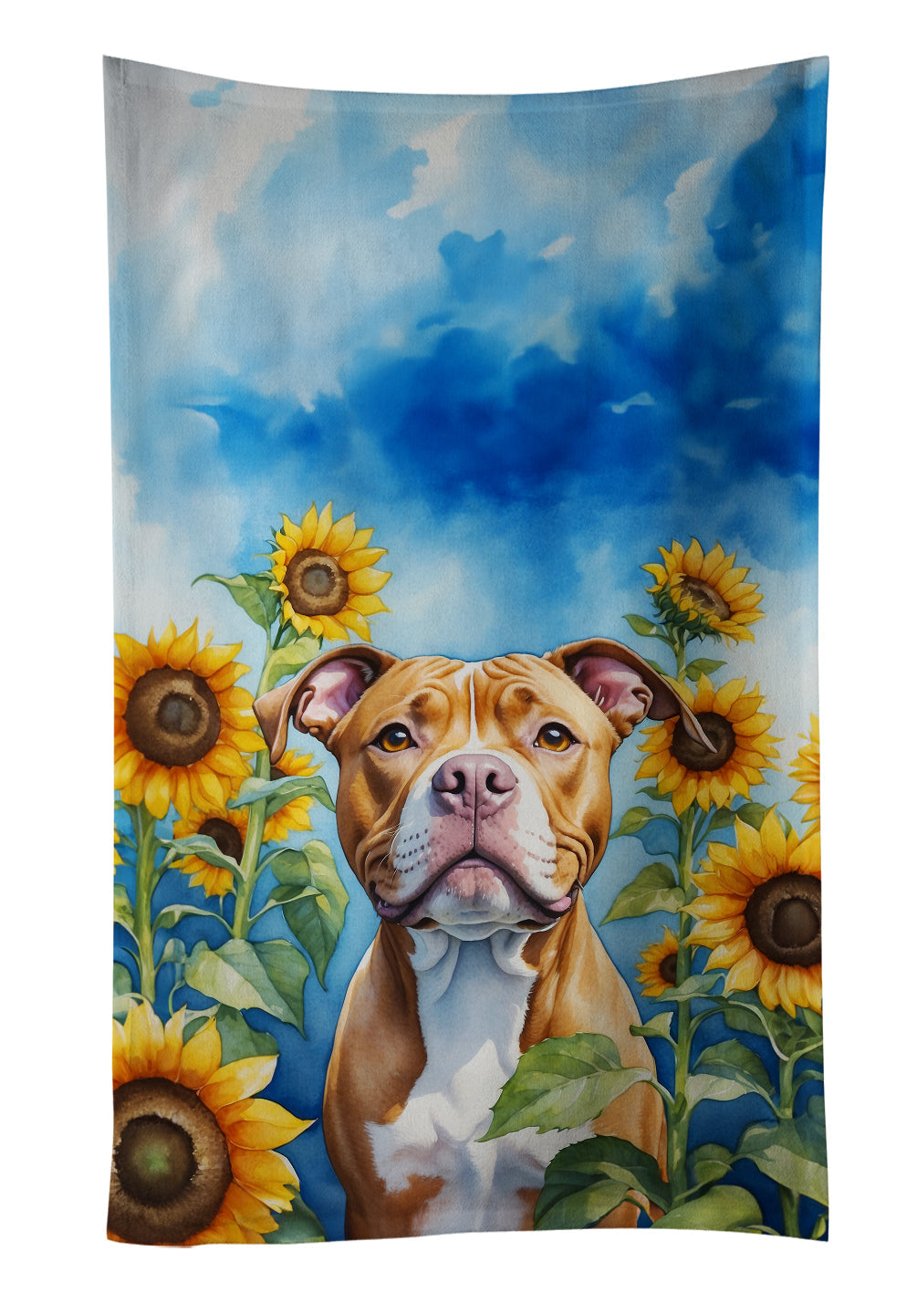 Pit Bull Terrier in Sunflowers Kitchen Towel Velour Plush Front and Cotton Loop Back Machine Washable