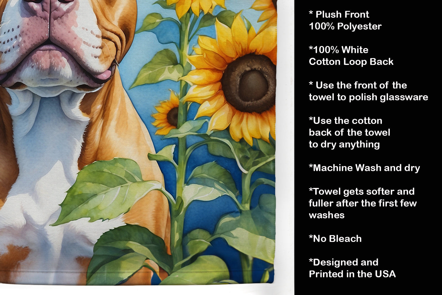 Pit Bull Terrier in Sunflowers Kitchen Towel Velour Plush Front and Cotton Loop Back Machine Washable