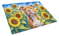 Pit Bull Terrier in Sunflowers Cutting Board Tempered Glass Kitchen Cutting Surface, Heat Resistant Chopping Board with Non-Slip Feet, Decorative Food Prep & Serving