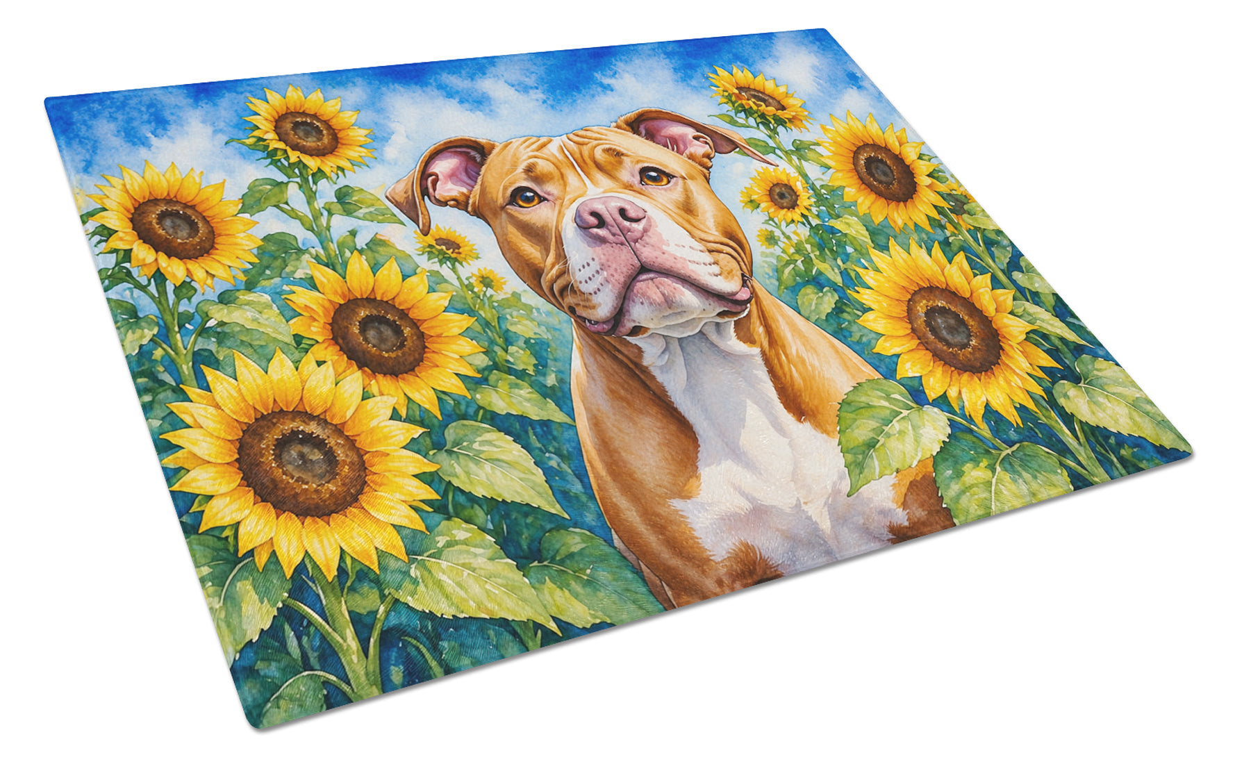 Pit Bull Terrier in Sunflowers Cutting Board Tempered Glass Kitchen Cutting Surface, Heat Resistant Chopping Board with Non-Slip Feet, Decorative Food Prep & Serving
