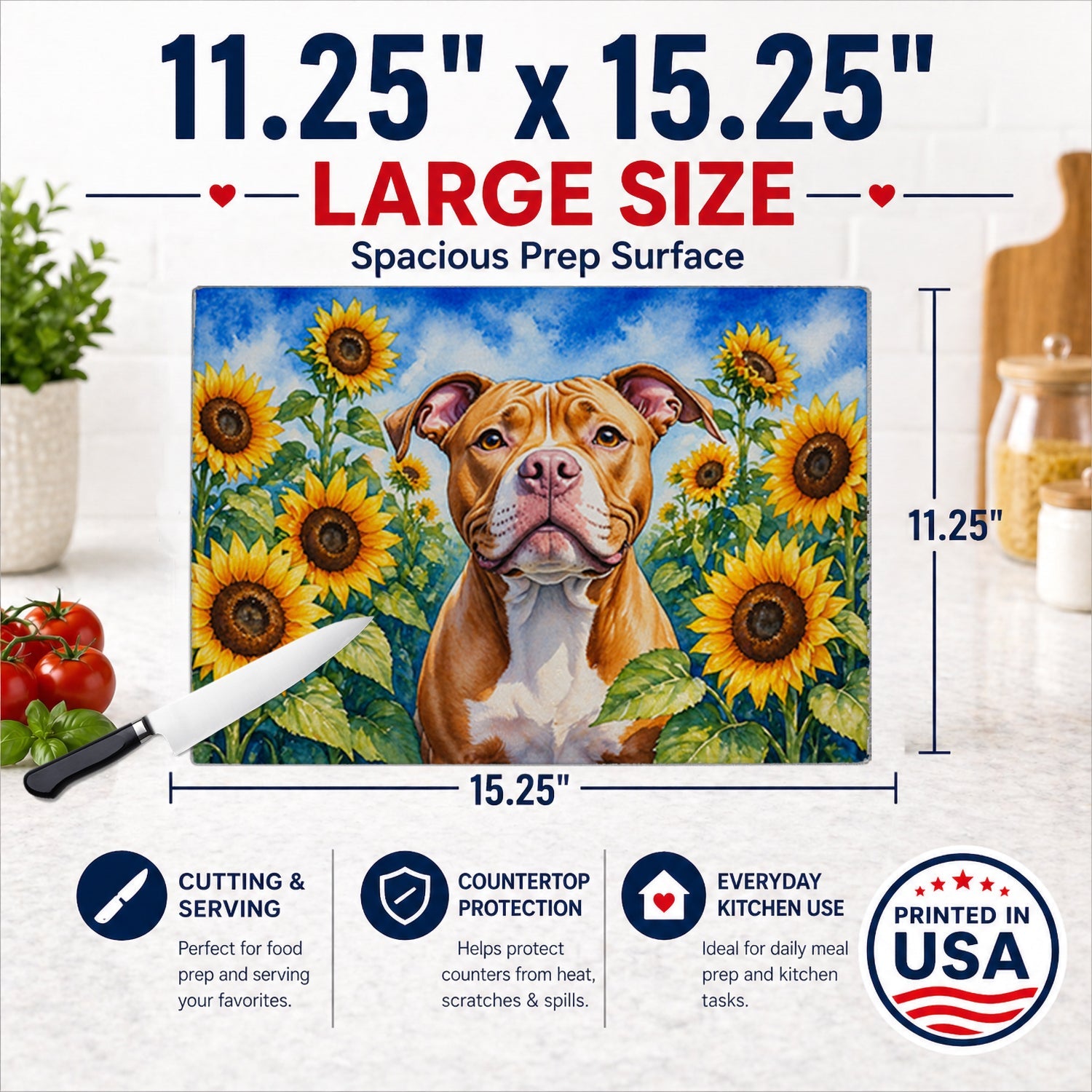 Pit Bull Terrier in Sunflowers Cutting Board Tempered Glass Kitchen Cutting Surface, Heat Resistant Chopping Board with Non-Slip Feet, Decorative Food Prep & Serving
