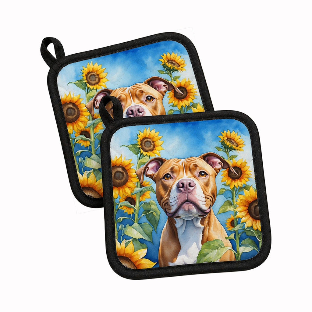 Pit Bull Terrier in Sunflowers Pot Holder Set of 2 Heat Resistant Quilted Hot Pads 7.5 x 7.5 Inch, Insulated Kitchen Trivets for Cooking & Baking