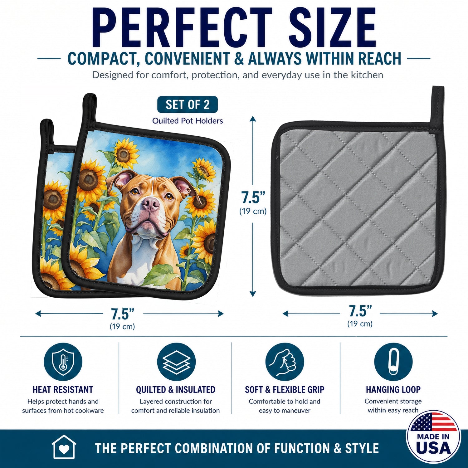 Pit Bull Terrier in Sunflowers Pot Holder Set of 2 Heat Resistant Quilted Hot Pads 7.5 x 7.5 Inch, Insulated Kitchen Trivets for Cooking & Baking