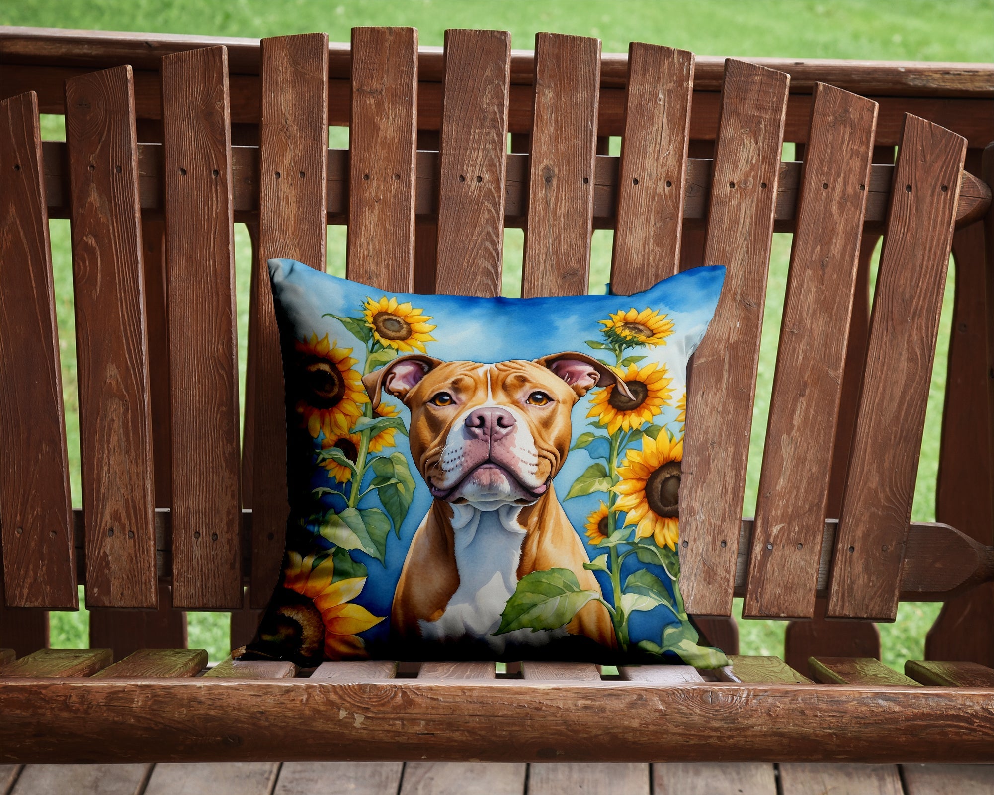 Pit Bull Terrier in Sunflowers Decorative Throw Pillow 14x14 Indoor Outdoor Accent Cushion, Fabric Cover with Insert for Sofa, Bed, Porch & Living Room