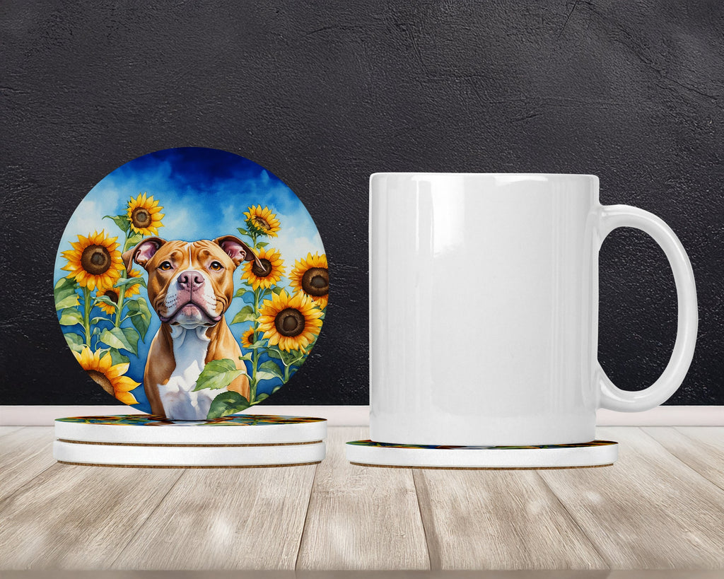 Pit Bull Terrier in Sunflowers Large Sandstone Coasters Pack of 4 Absorbent Round Coasters Decor Gifts for Men or Women, 4 in, Multicolor
