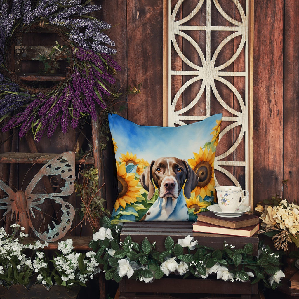 Pointer in Sunflowers Decorative Throw Pillow 14x14 Indoor Outdoor Accent Cushion, Fabric Cover with Insert for Sofa, Bed, Porch & Living Room