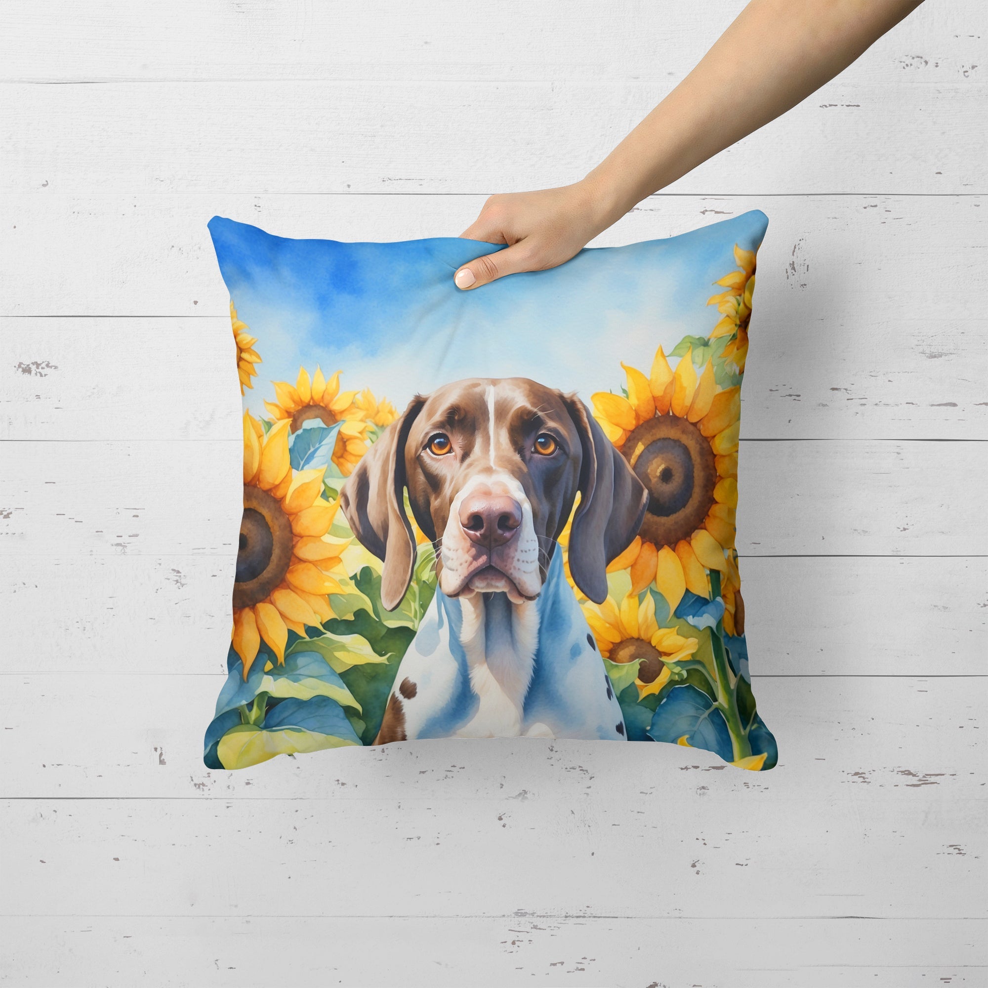 Pointer in Sunflowers Decorative Throw Pillow 18x18 Indoor Outdoor Accent Cushion, Fabric Cover with Insert for Sofa, Bed, Porch & Living Room