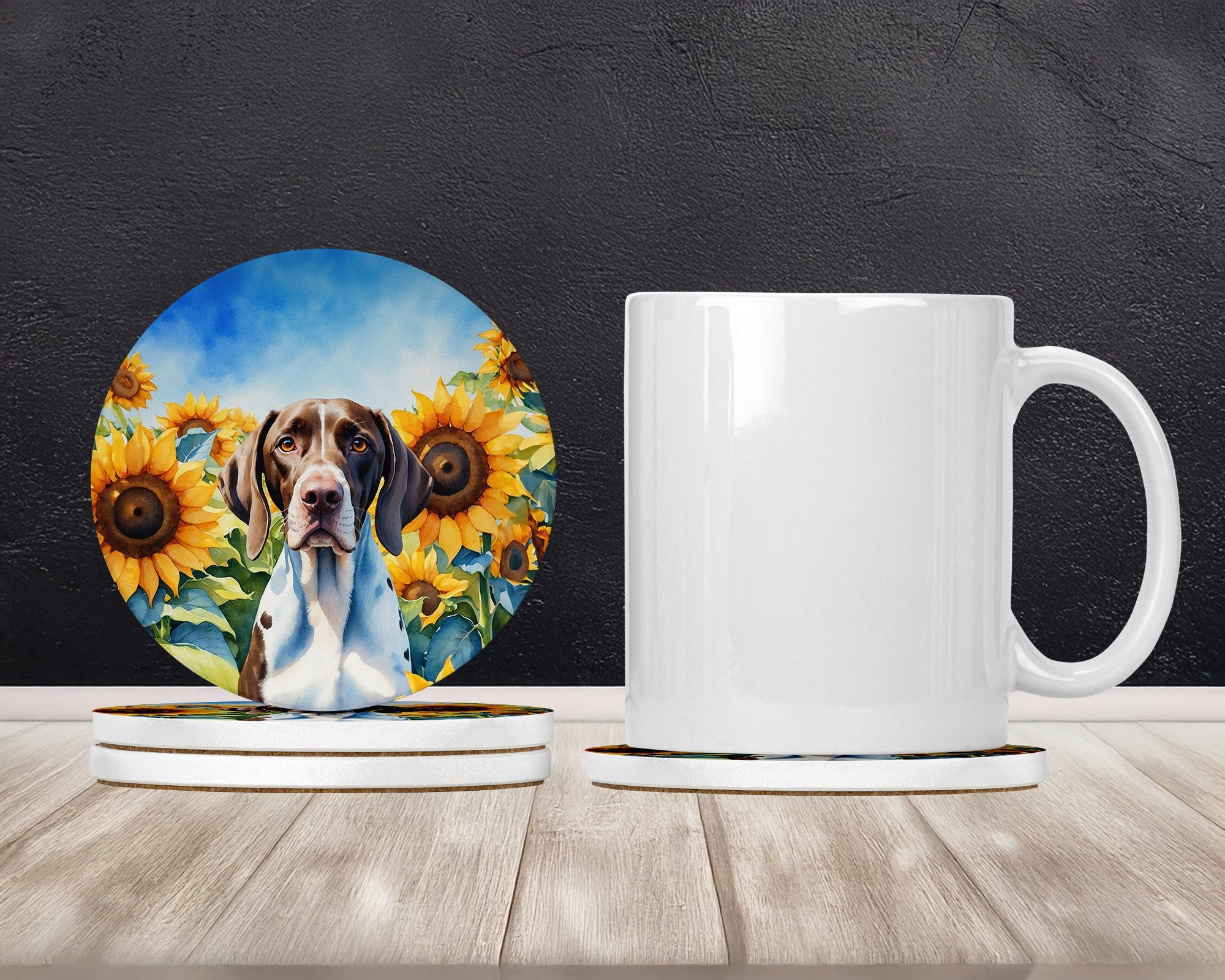 Pointer in Sunflowers Large Sandstone Coasters Pack of 4 Absorbent Round Coasters Decor Gifts for Men or Women, 4 in, Multicolor
