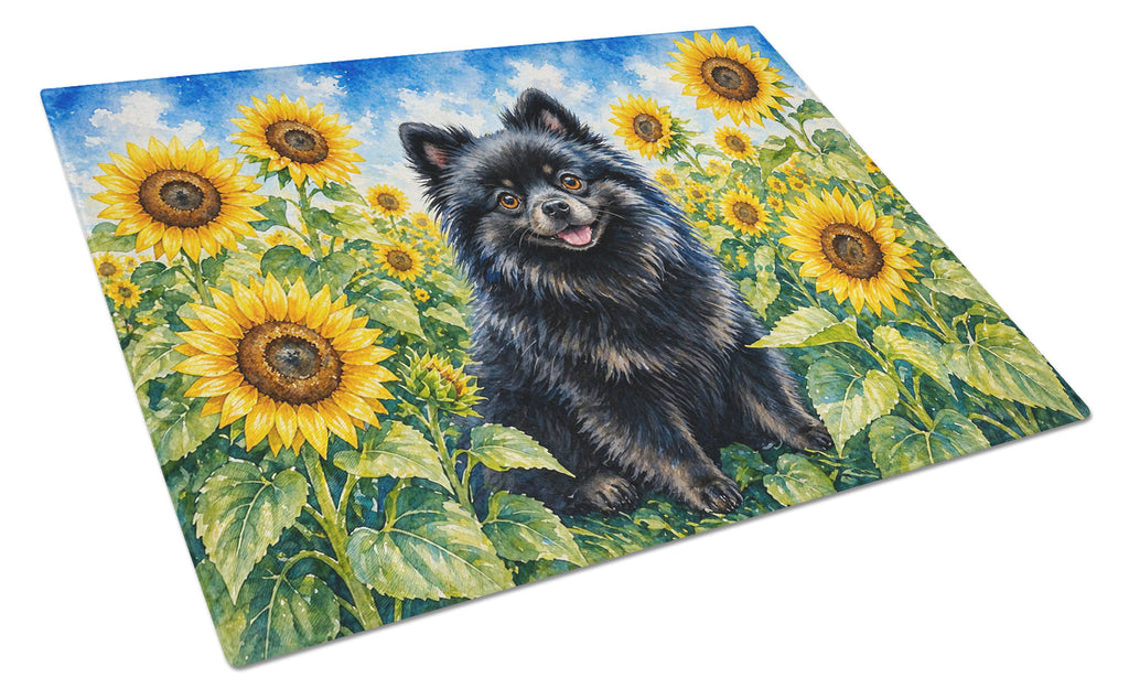 Pomeranian in Sunflowers Cutting Board Tempered Glass Kitchen Cutting Surface, Heat Resistant Chopping Board with Non-Slip Feet, Decorative Food Prep & Serving