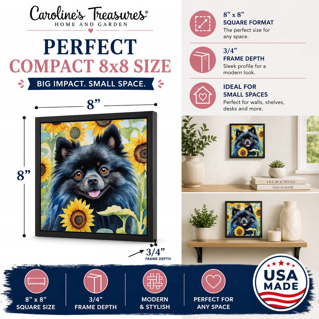 Pomeranian in Sunflowers Framed Metal Print Bathroom, Kitchen, Office, Home Decor Wall Art Ready to Hang, Square, 8X8