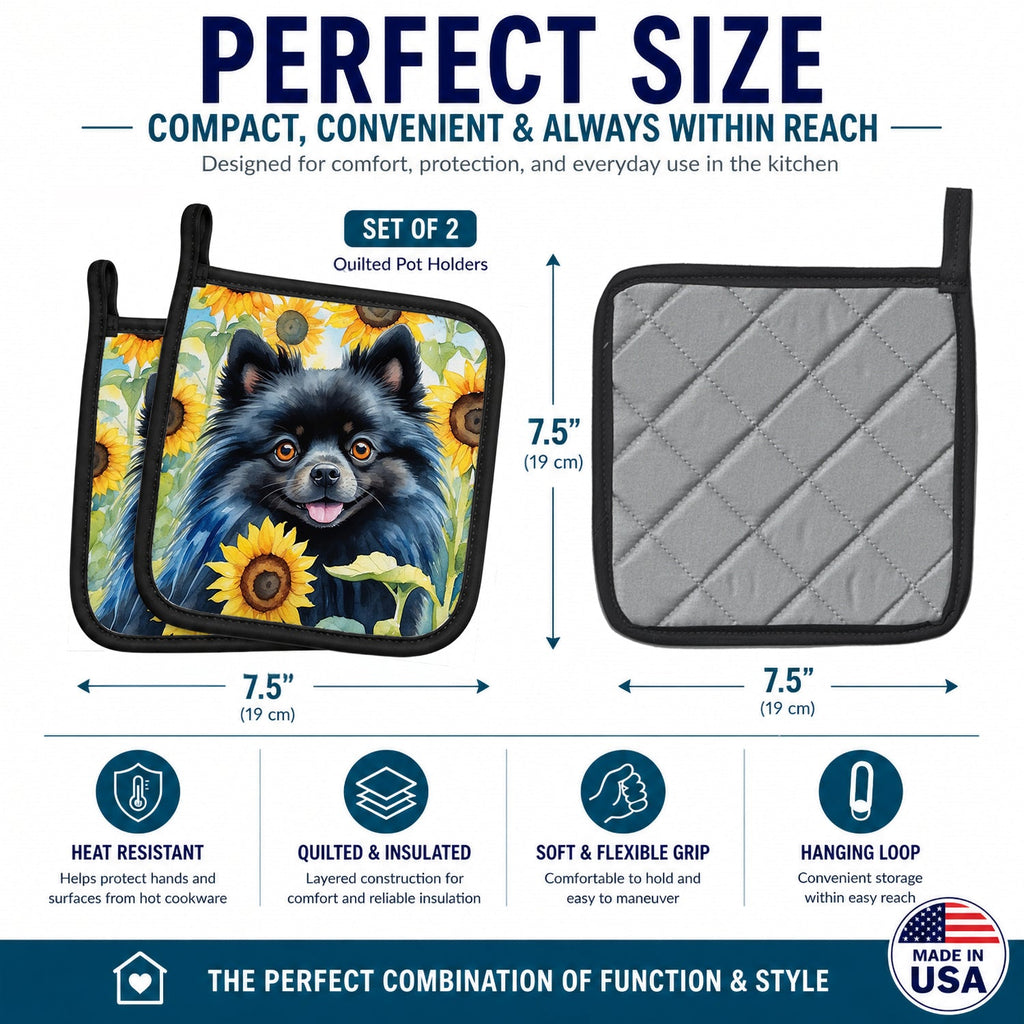 Pomeranian in Sunflowers Pot Holder Set of 2 Heat Resistant Quilted Hot Pads 7.5 x 7.5 Inch, Insulated Kitchen Trivets for Cooking & Baking