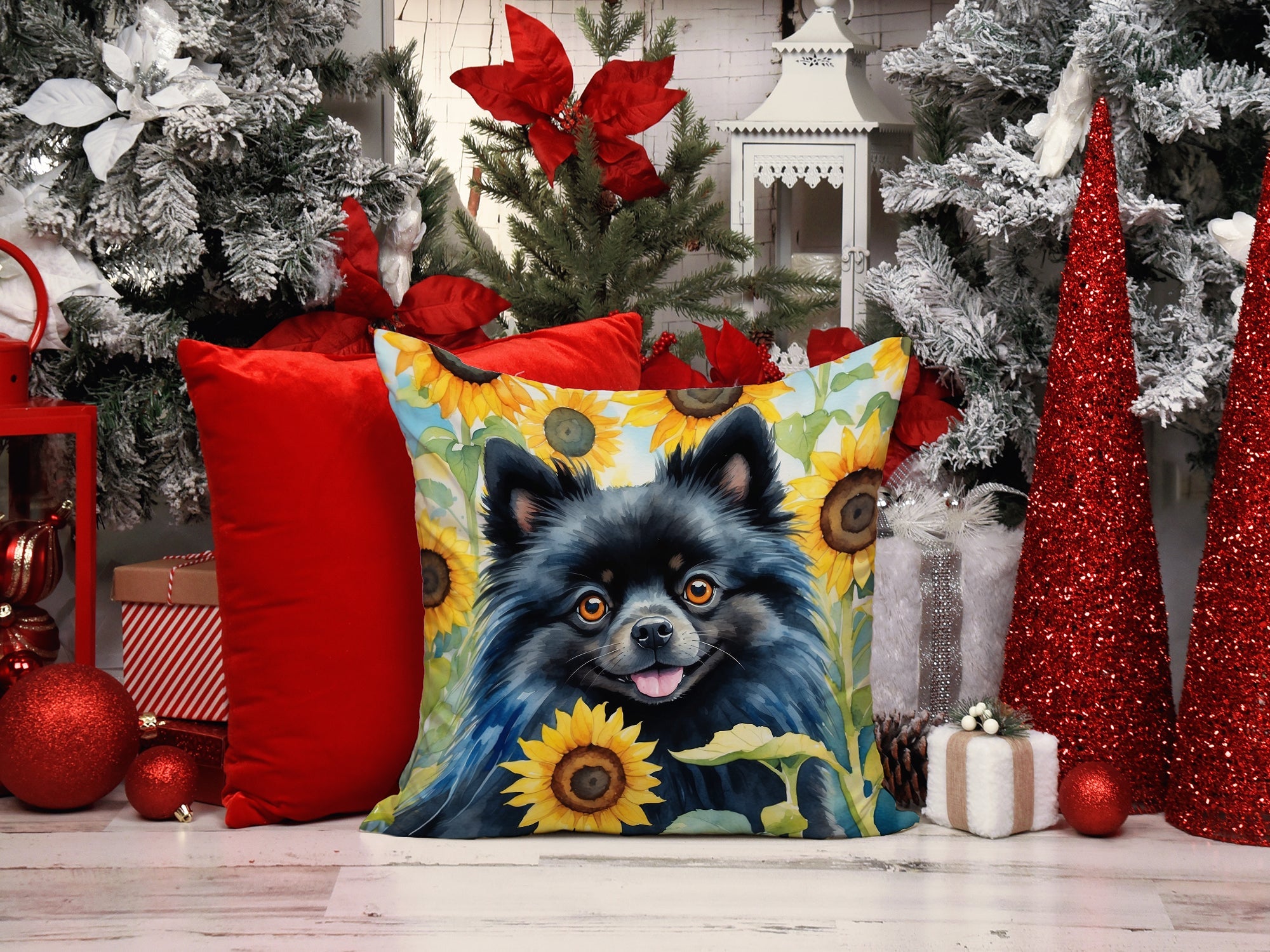 Pomeranian in Sunflowers Decorative Throw Pillow 14x14 Indoor Outdoor Accent Cushion, Fabric Cover with Insert for Sofa, Bed, Porch & Living Room