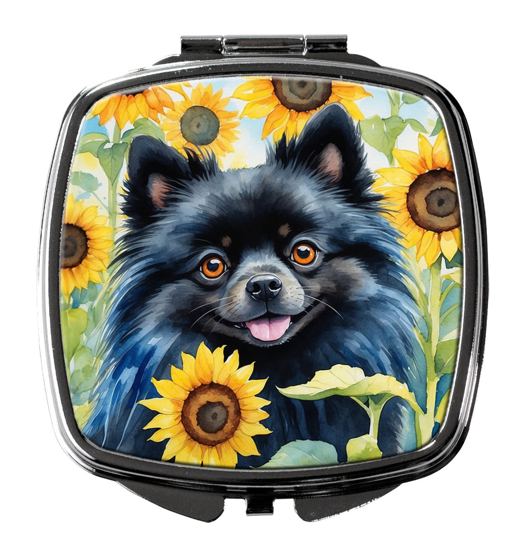 Pomeranian in Sunflowers Compact Mirror Decorative Travel Makeup Mirror for Women Girls Gifts Pocket Makeup Mirror Folding Handheld