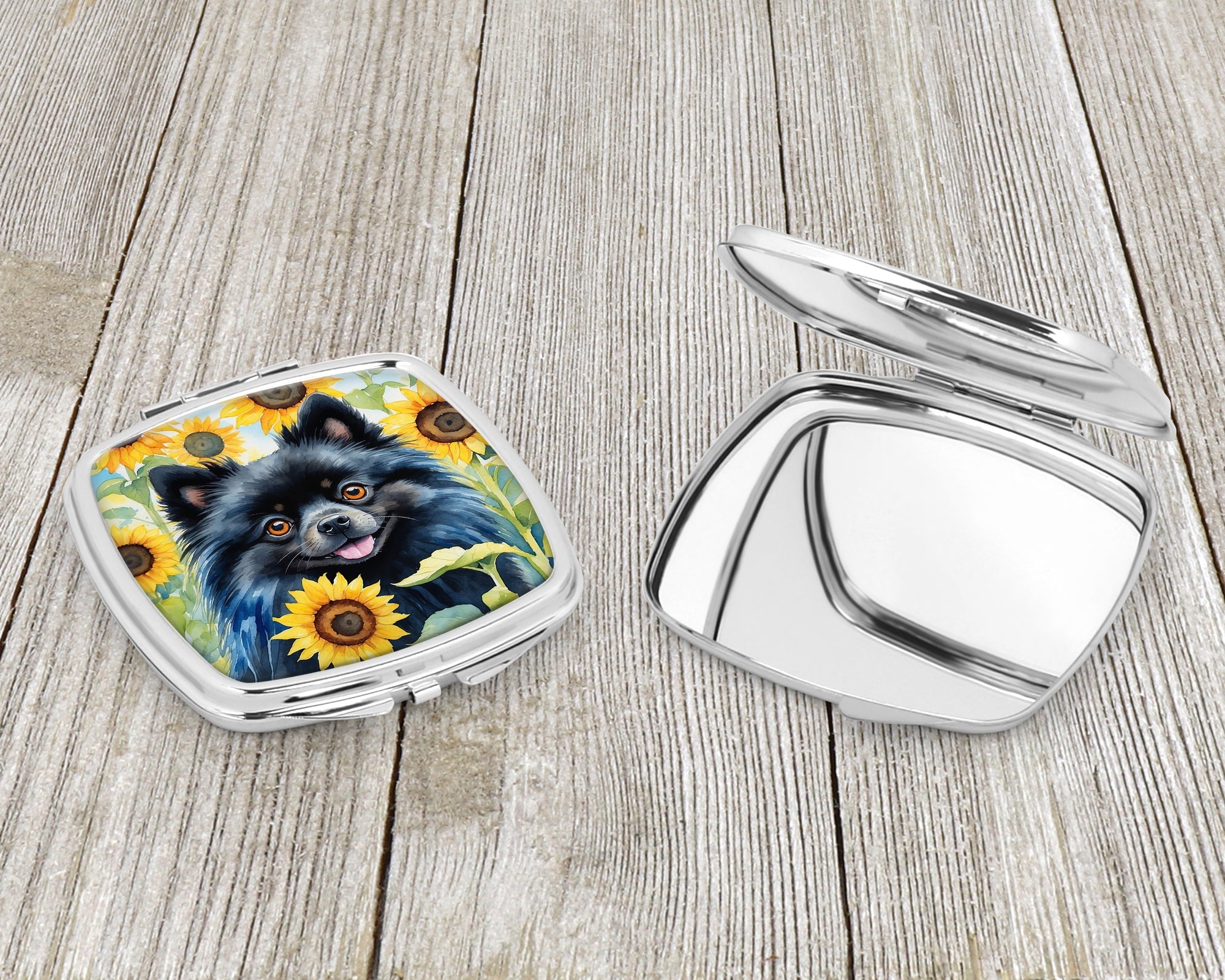 Pomeranian in Sunflowers Compact Mirror Decorative Travel Makeup Mirror for Women Girls Gifts Pocket Makeup Mirror Folding Handheld