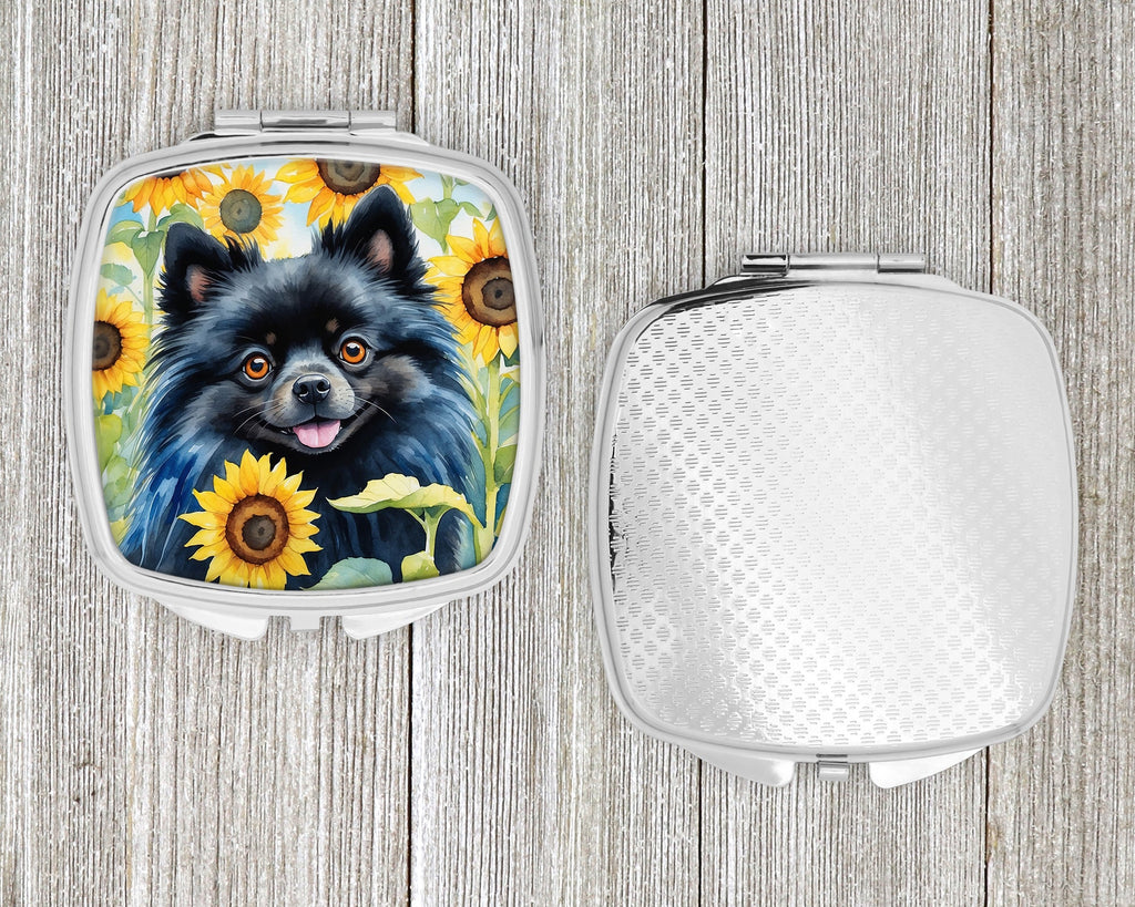 Pomeranian in Sunflowers Compact Mirror Decorative Travel Makeup Mirror for Women Girls Gifts Pocket Makeup Mirror Folding Handheld
