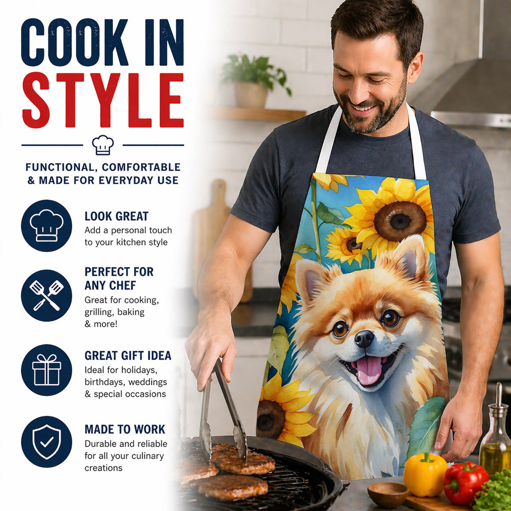 Pomeranian in Sunflowers Apron Cooking Kitchen Server Baking Crafts Gardening for Adult Women Men, Unisex, Large, Multicolor