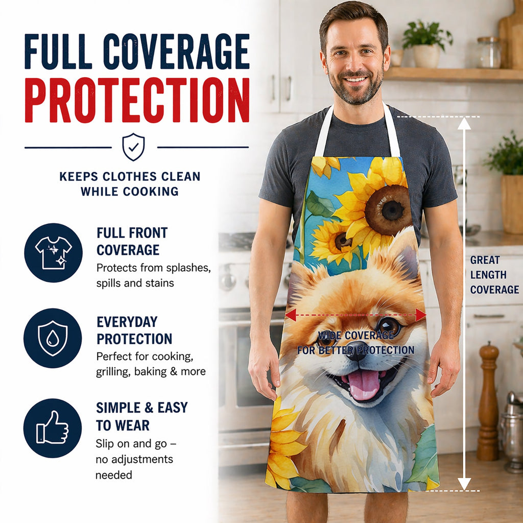 Pomeranian in Sunflowers Apron Cooking Kitchen Server Baking Crafts Gardening for Adult Women Men, Unisex, Large, Multicolor