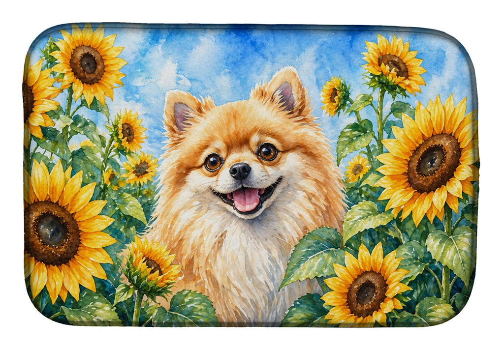 Pomeranian in Sunflowers Dish Drying Mat Absorbent Dish Drying Mat Pad for Kitchen Counter Dish Drainer Mat for Countertop, 14 x 21", Multicolor
