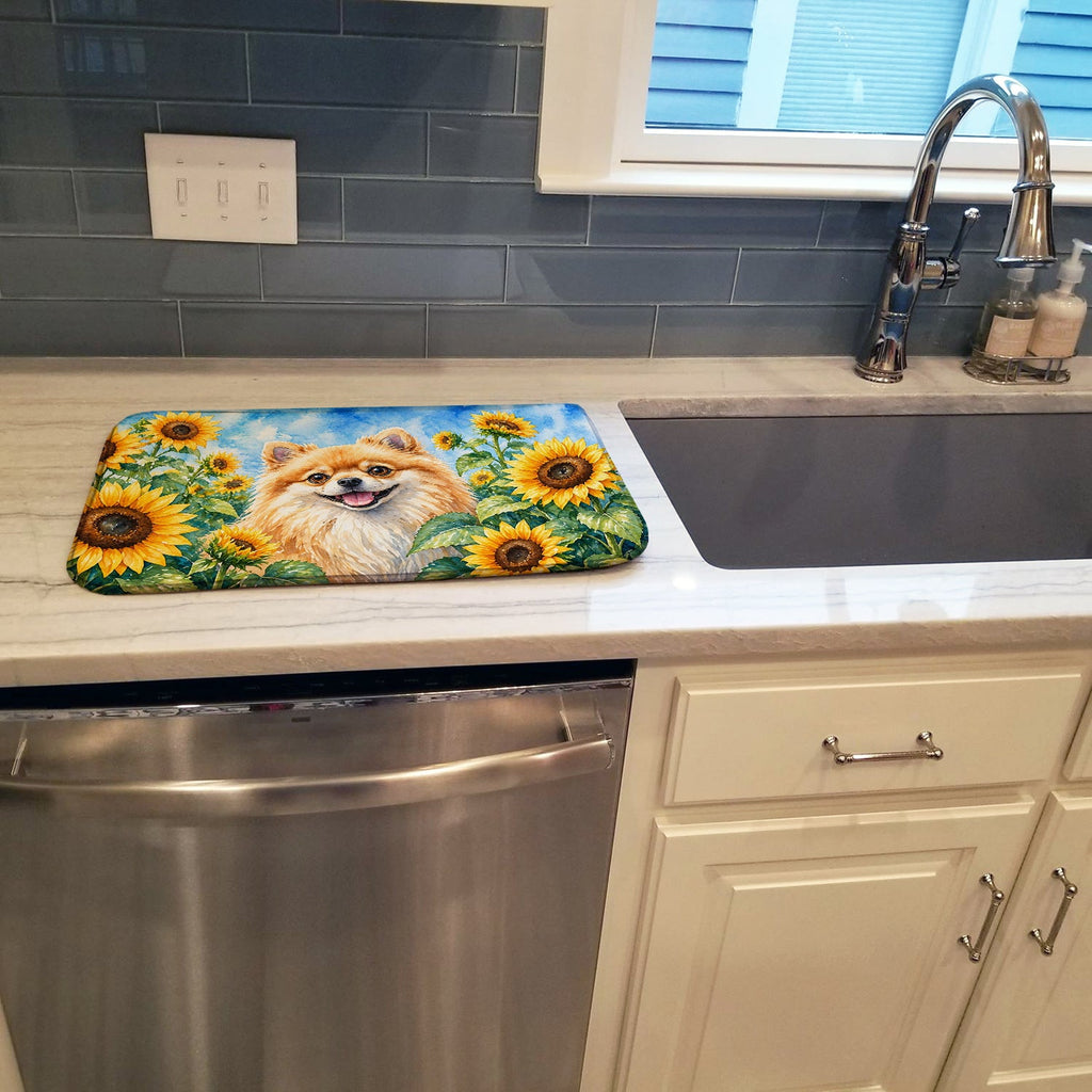 Pomeranian in Sunflowers Dish Drying Mat Absorbent Dish Drying Mat Pad for Kitchen Counter Dish Drainer Mat for Countertop, 14 x 21", Multicolor