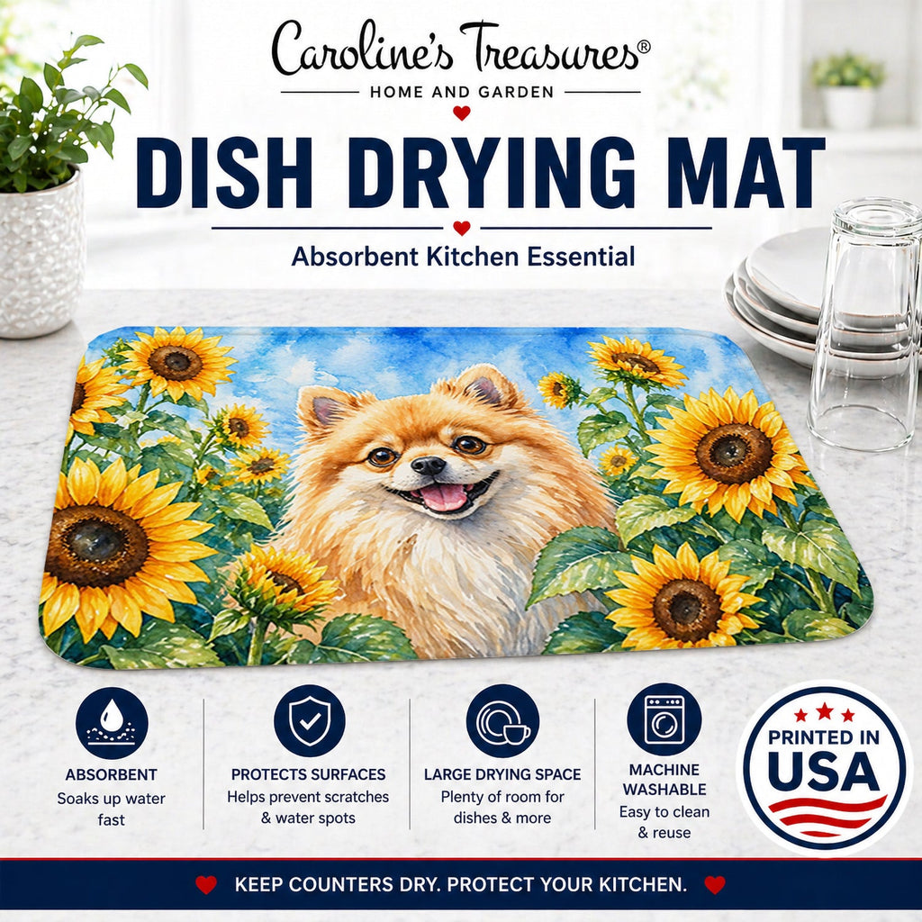 Pomeranian in Sunflowers Dish Drying Mat Absorbent Dish Drying Mat Pad for Kitchen Counter Dish Drainer Mat for Countertop, 14 x 21", Multicolor