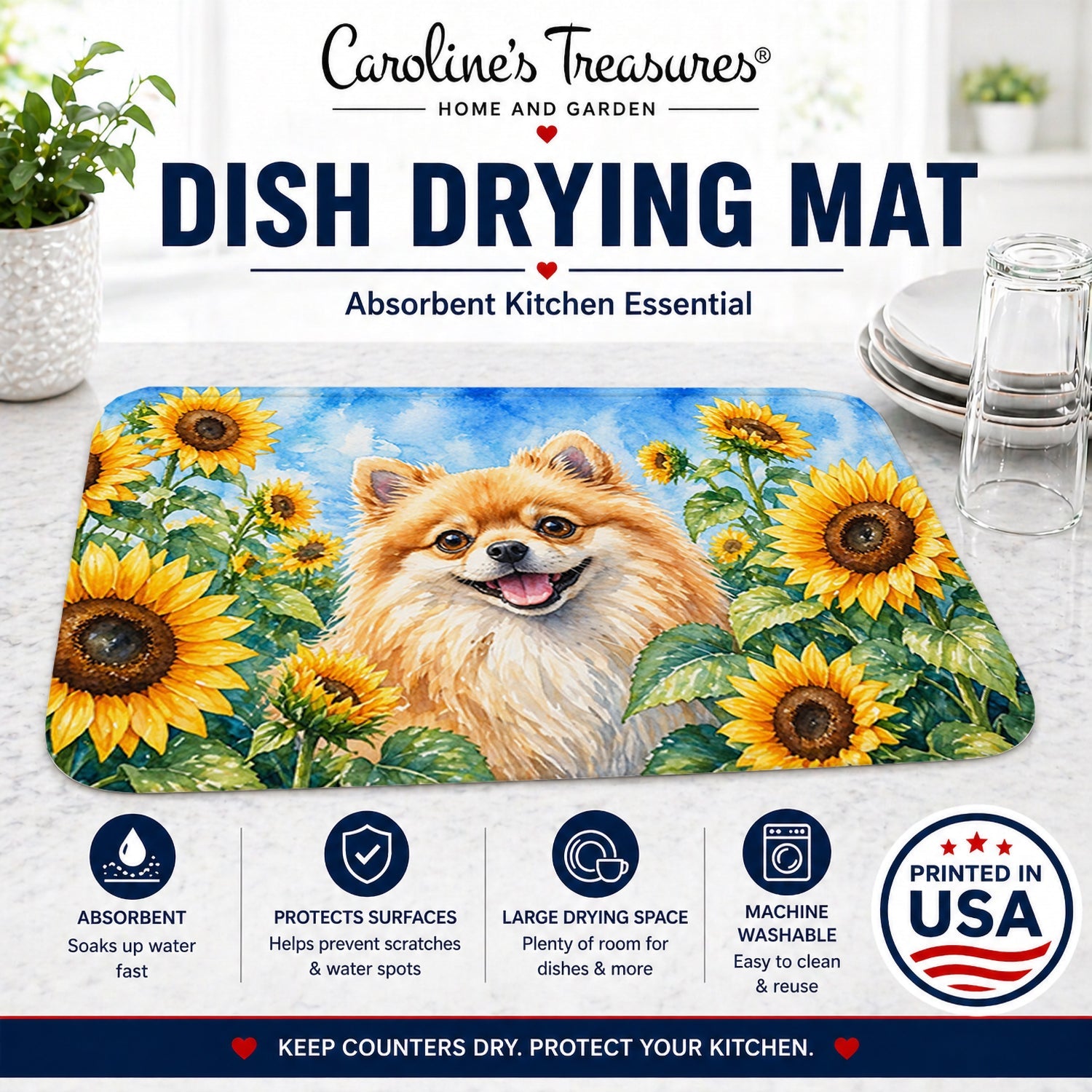 Pomeranian in Sunflowers Dish Drying Mat Absorbent Dish Drying Mat Pad for Kitchen Counter Dish Drainer Mat for Countertop, 14 x 21", Multicolor