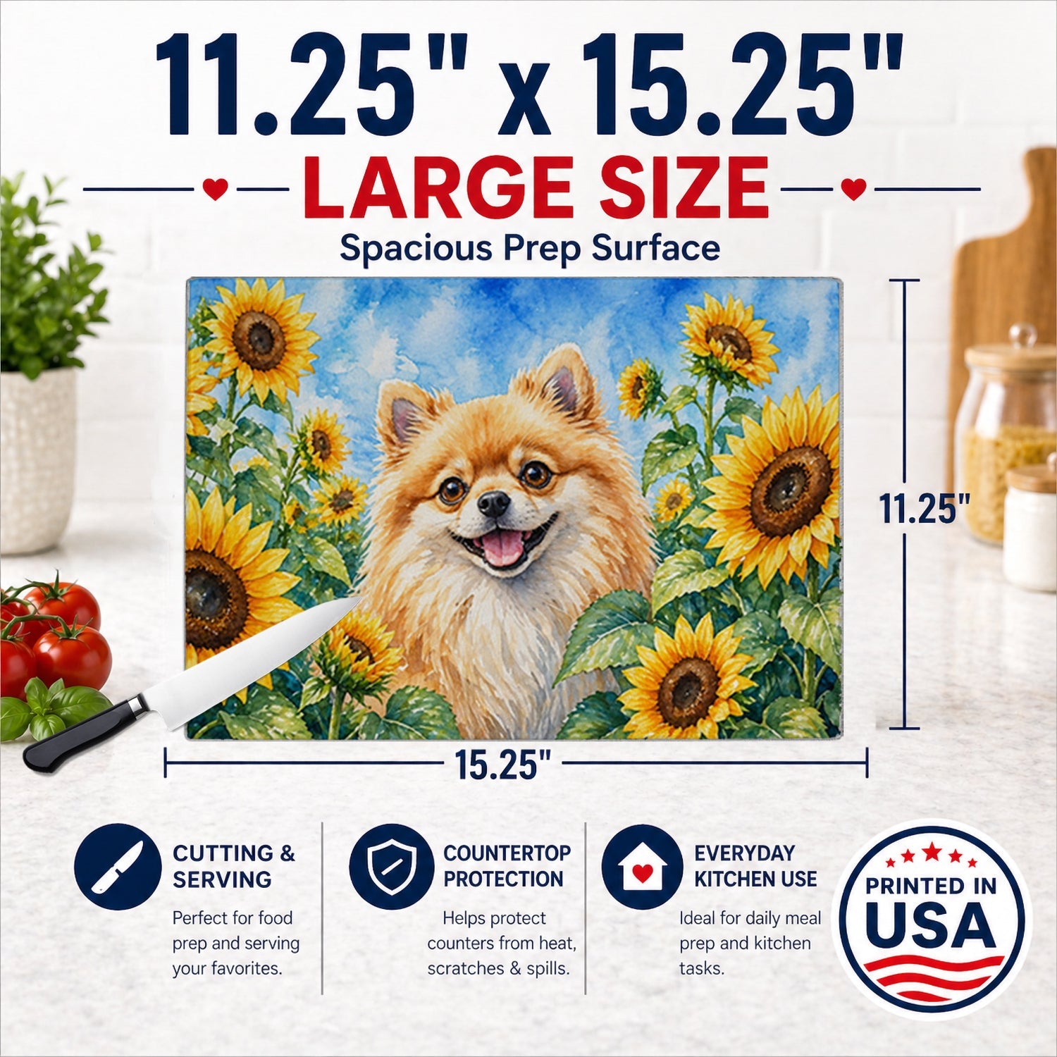 Pomeranian in Sunflowers Cutting Board Tempered Glass Kitchen Cutting Surface, Heat Resistant Chopping Board with Non-Slip Feet, Decorative Food Prep & Serving