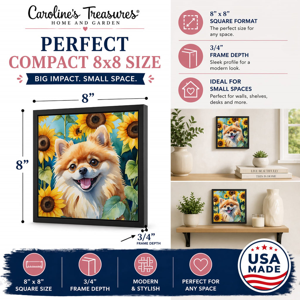 Pomeranian in Sunflowers Framed Metal Print Bathroom, Kitchen, Office, Home Decor Wall Art Ready to Hang, Square, 8X8