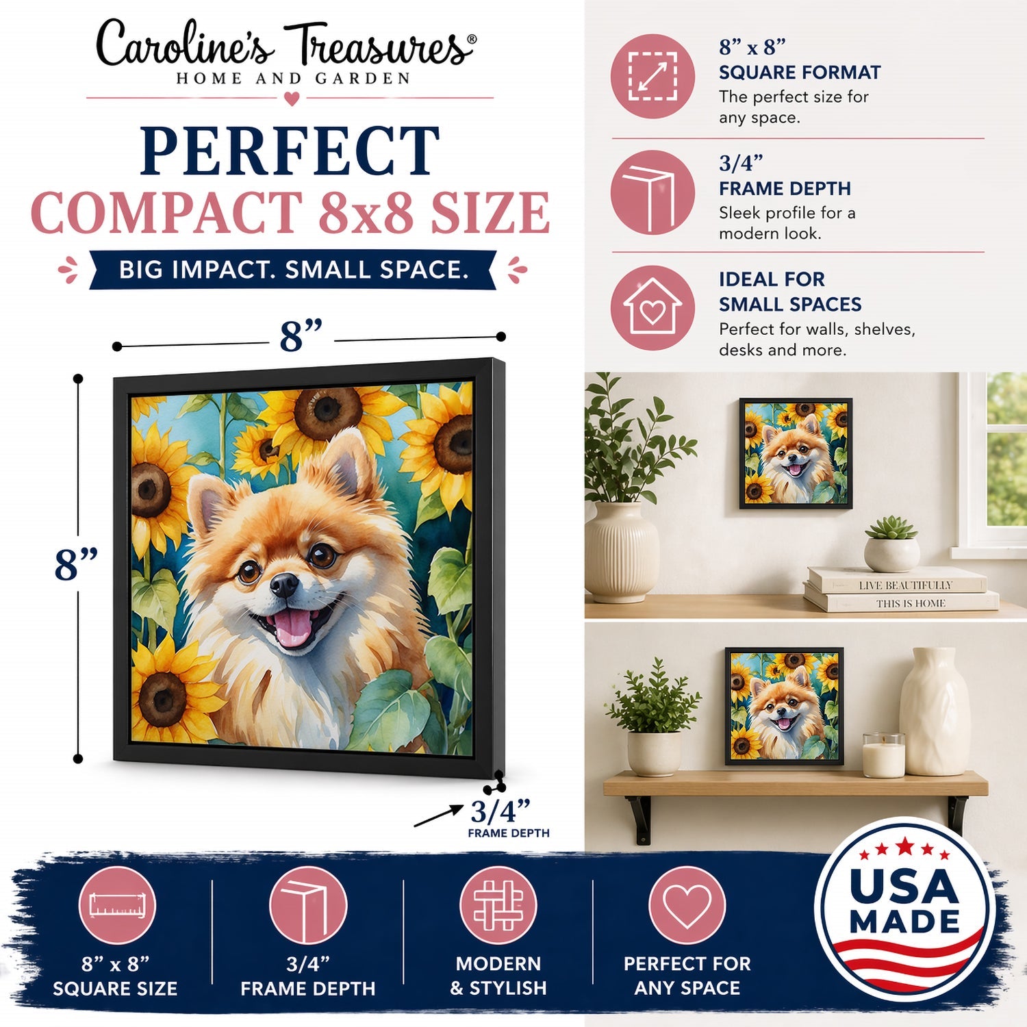 Pomeranian in Sunflowers Framed Metal Print Bathroom, Kitchen, Office, Home Decor Wall Art Ready to Hang, Square, 8X8
