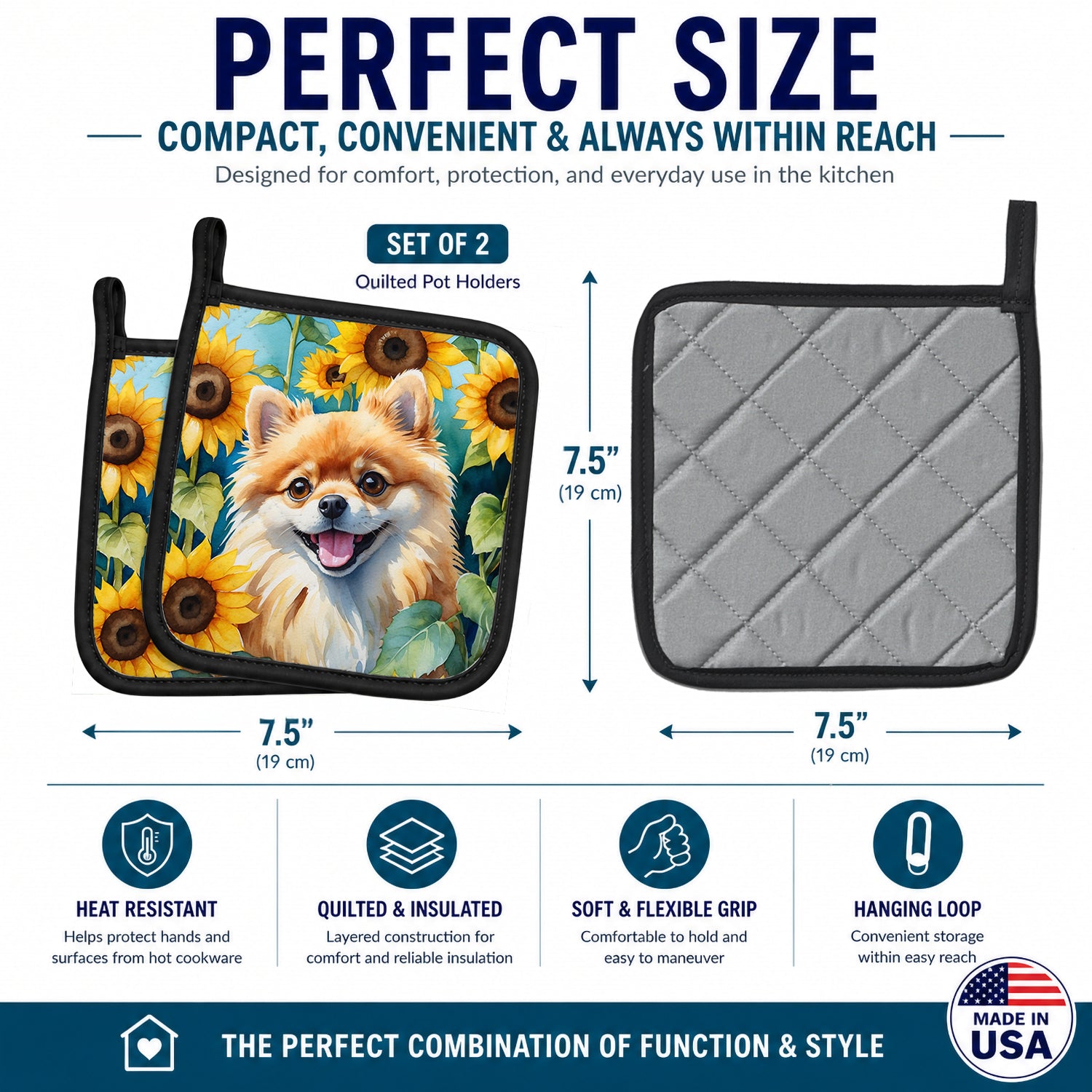 Pomeranian in Sunflowers Pot Holder Set of 2 Heat Resistant Quilted Hot Pads 7.5 x 7.5 Inch, Insulated Kitchen Trivets for Cooking & Baking
