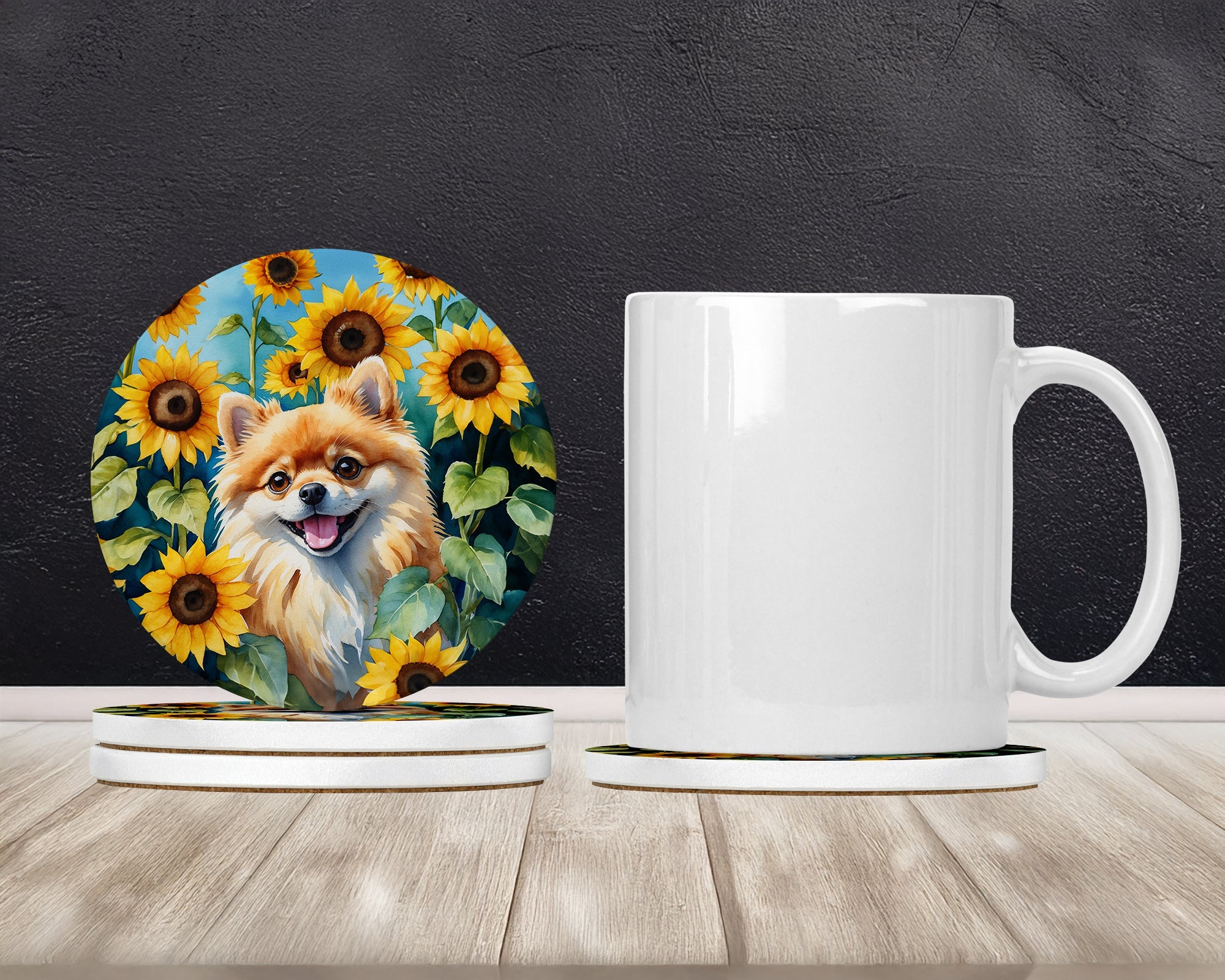 Pomeranian in Sunflowers Large Sandstone Coasters Pack of 4 Absorbent Round Coasters Decor Gifts for Men or Women, 4 in, Multicolor