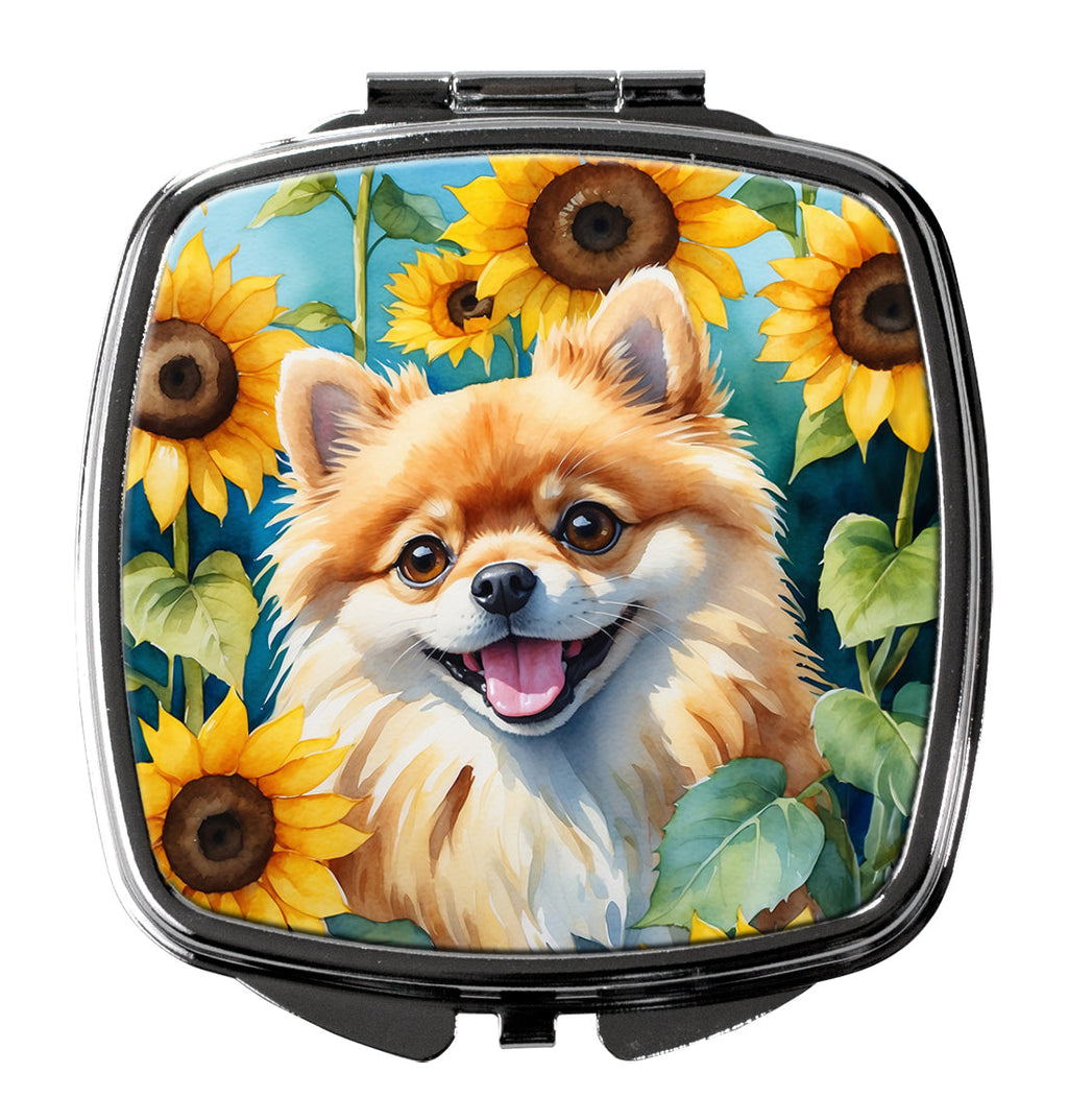 Pomeranian in Sunflowers Compact Mirror Decorative Travel Makeup Mirror for Women Girls Gifts Pocket Makeup Mirror Folding Handheld