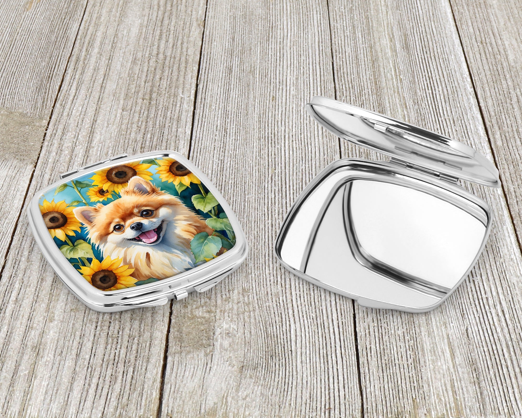 Pomeranian in Sunflowers Compact Mirror Decorative Travel Makeup Mirror for Women Girls Gifts Pocket Makeup Mirror Folding Handheld