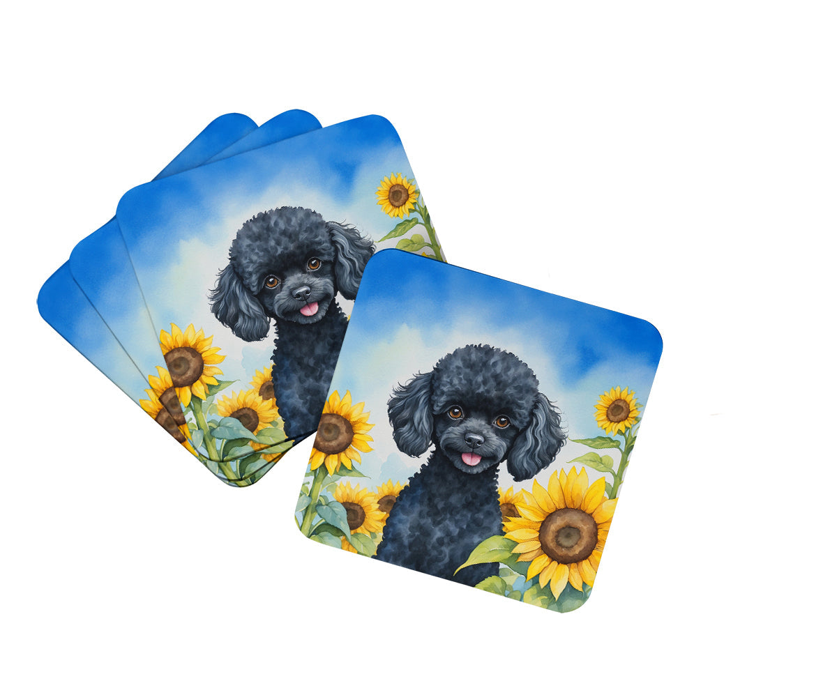 Black Poodle in Sunflowers Foam Coasters Set of 4 Cup Coasters for Indoor Outdoor, Tabletop Protection, Anti Slip, Mouse pad Material