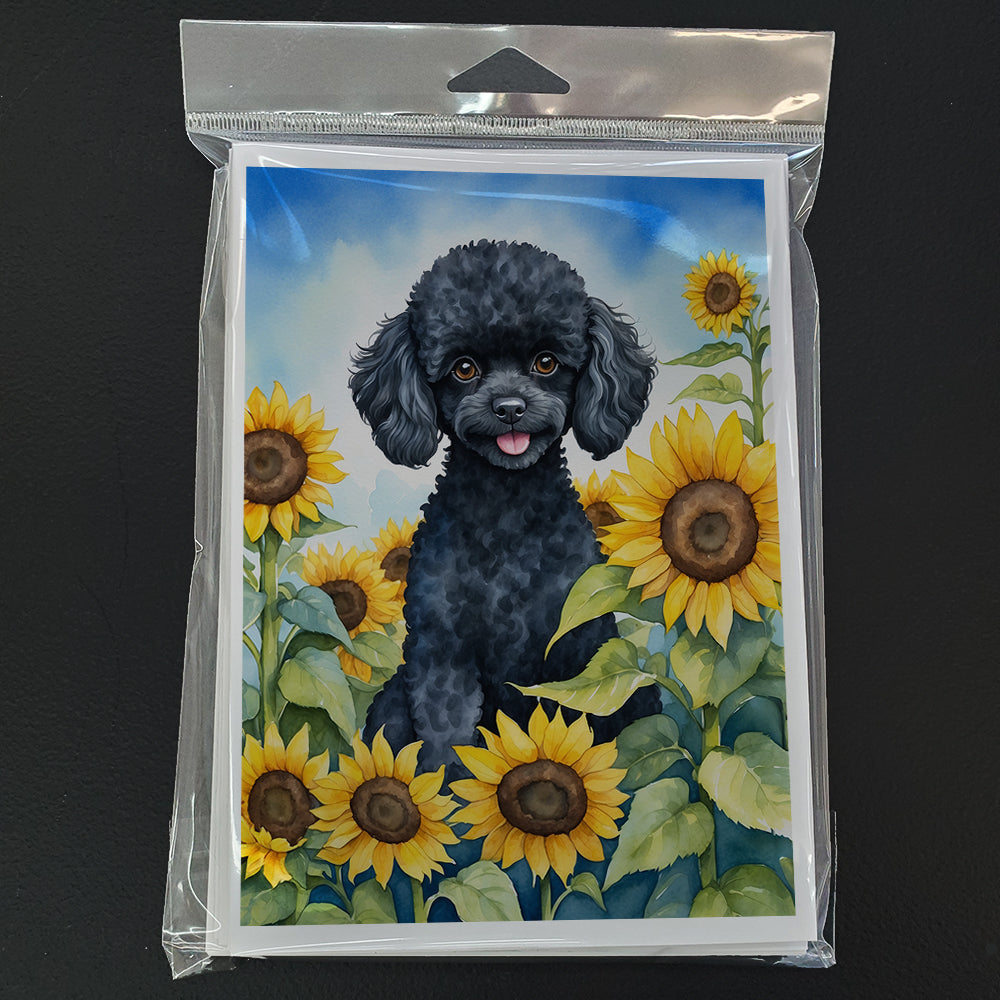 Black Poodle in Sunflowers Greeting Cards Pack of 8 Blank Cards with Envelopes Whimsical A7 Size 5x7