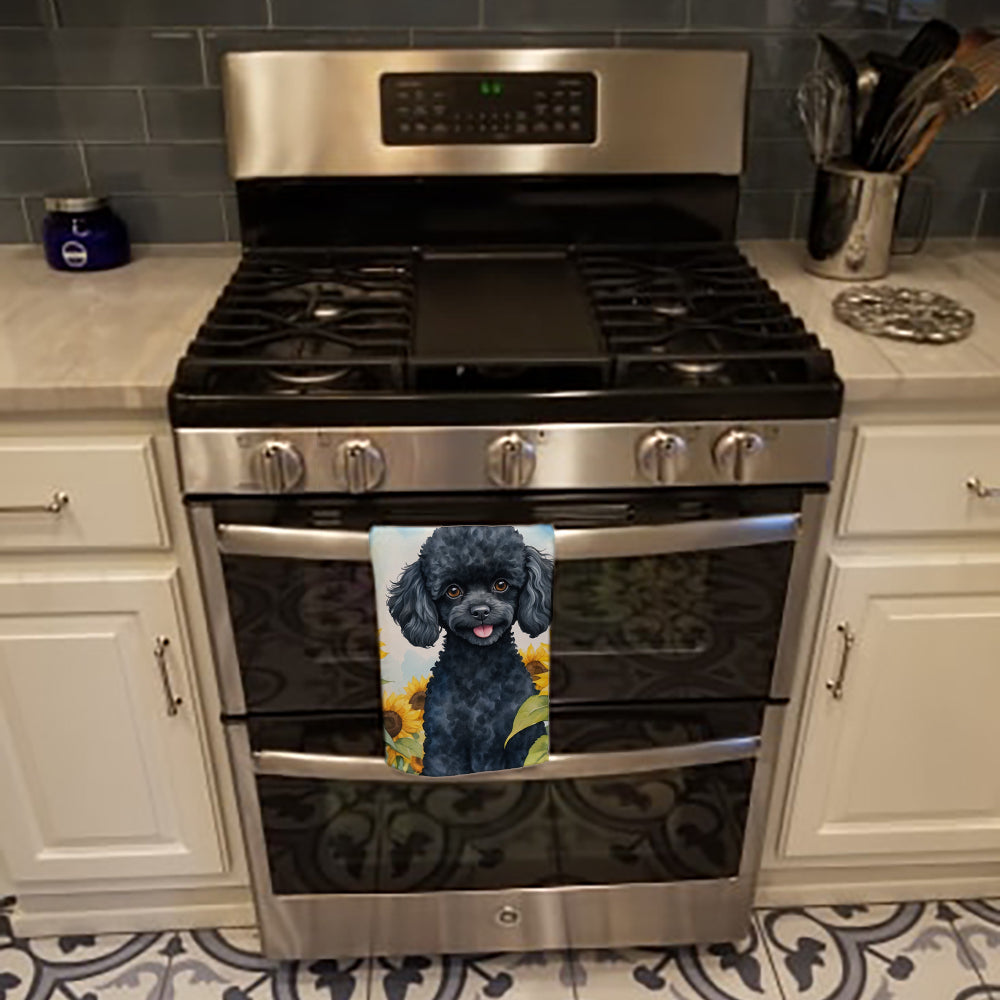 Black Poodle in Sunflowers Kitchen Towel Velour Plush Front and Cotton Loop Back Machine Washable